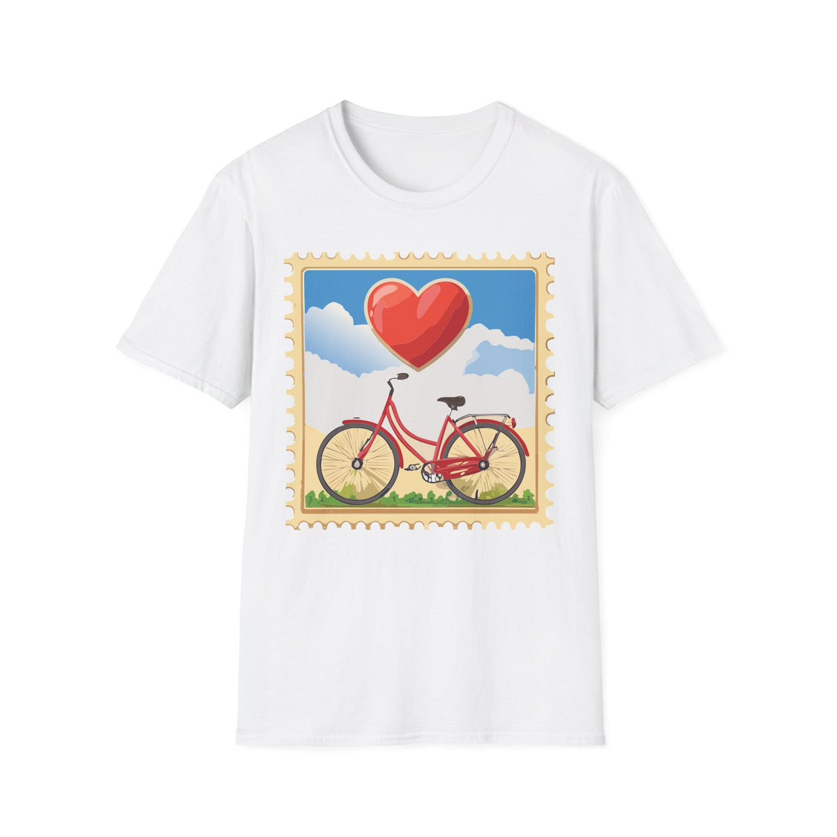 Heart Balloon Bicycle T-Shirt | Retro Stamp Illustration