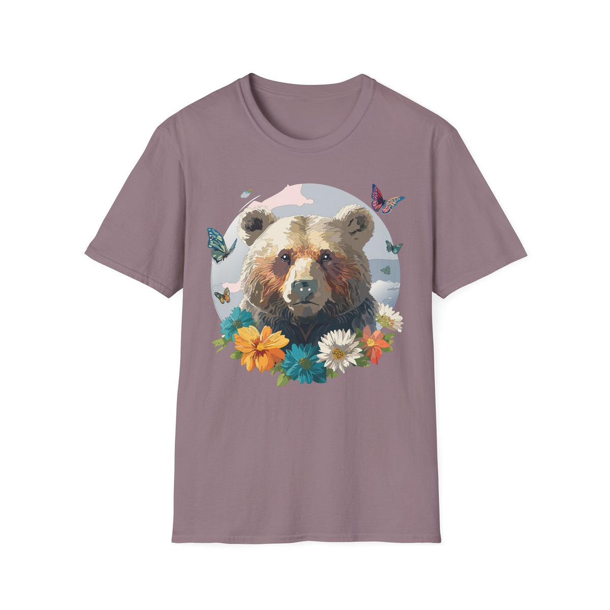 Bear Portrait with Butterflies T-Shirt | Floral Nature Animal Graphic Tee Unisex 100 Cotton Gildan T-Shirt
