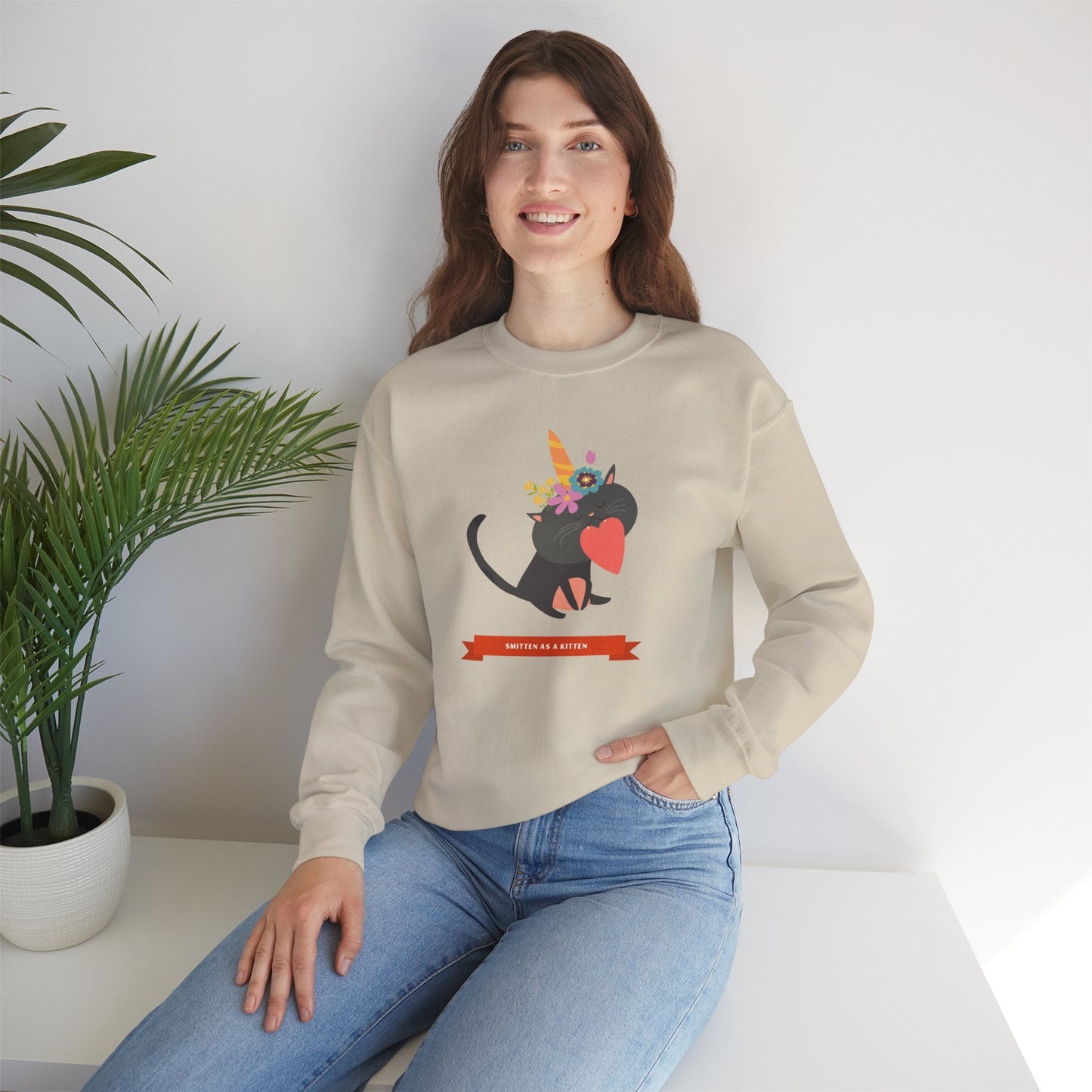 Cat Heart Sweatshirt Unisex Valentine Gift 50/50 Cotton-Poly Crewneck Gildan 18000