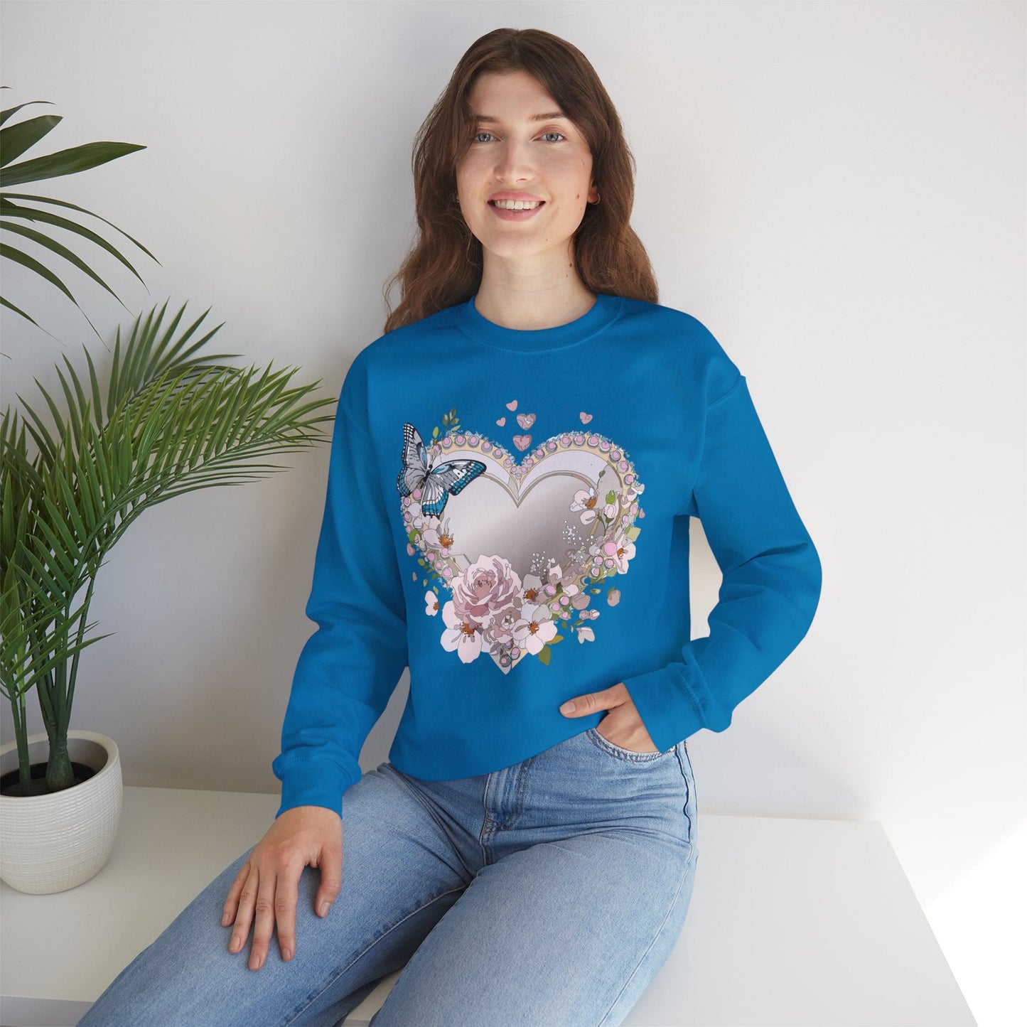 Unisex Floral Heart Sweatshirt For Valentines Day With Floral Love Print Crewneck Heavy Blend