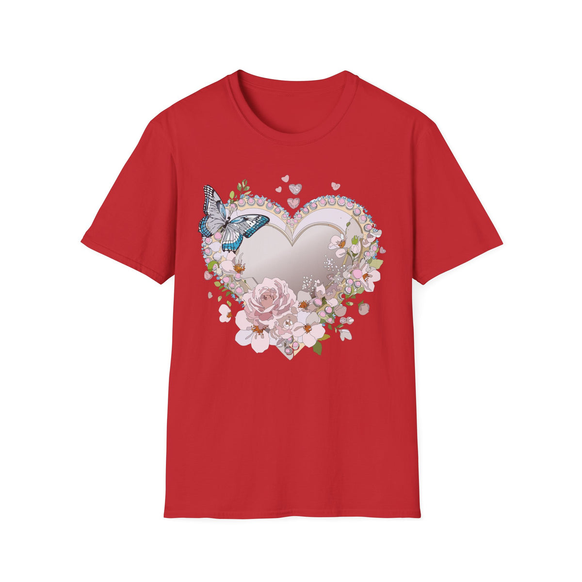 Floral Heart with Butterfly T-Shirt | Romantic Pastel Garden Graphic Tee Unisex 100 Cotton Gildan T-Shirt
