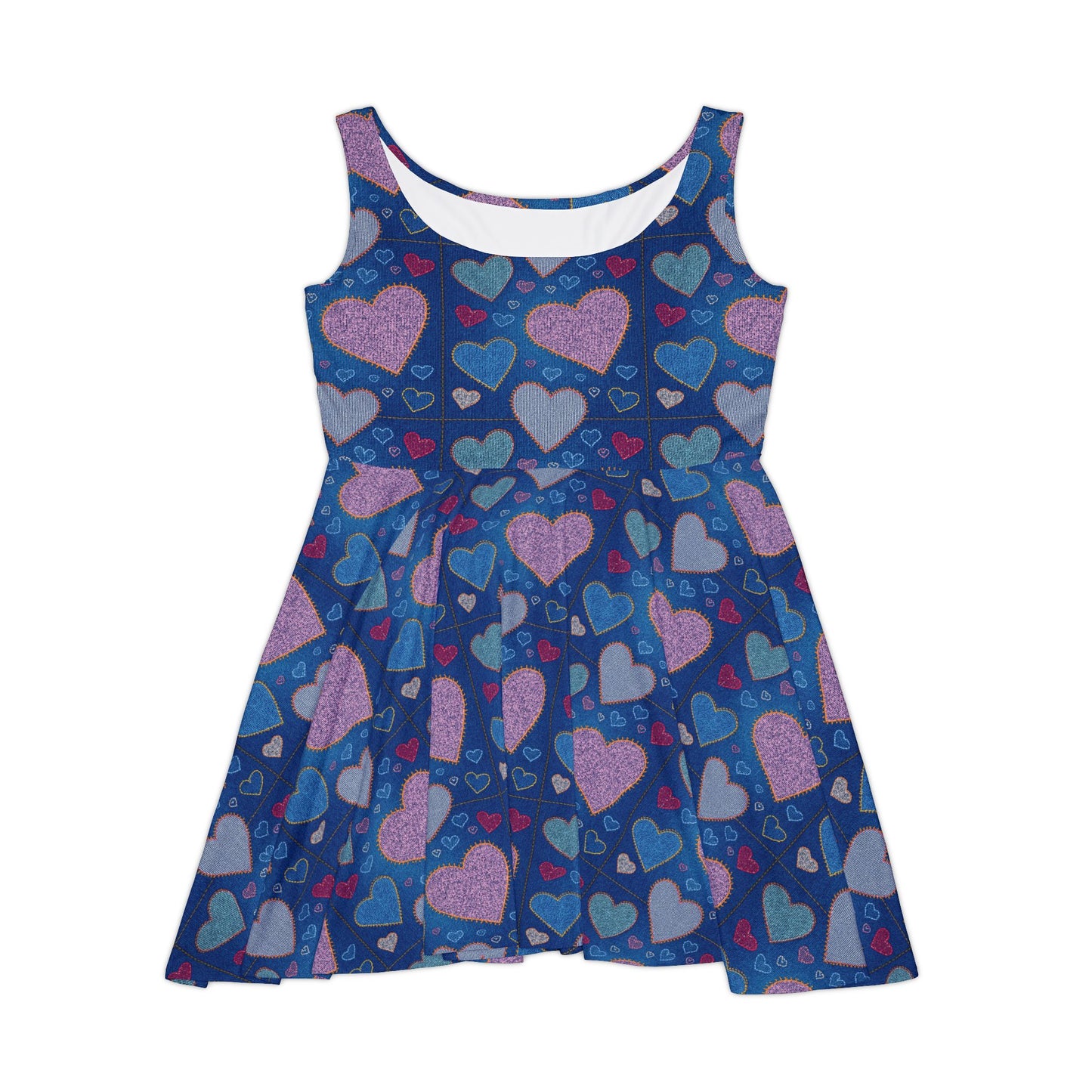 Women Hearts Denim Print Skater Dress, Denim Print Poly-Span Dress - 41