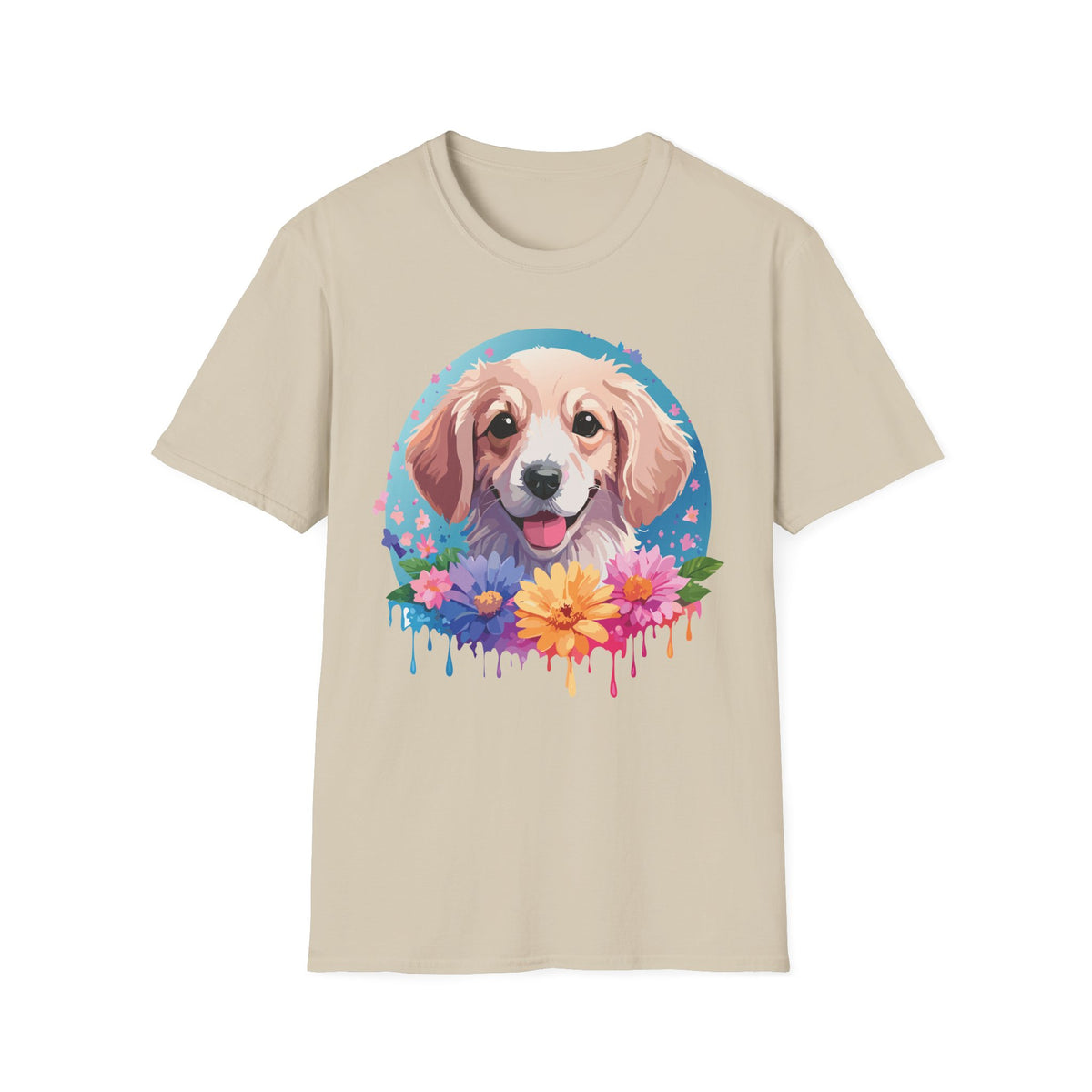 Happy Golden Retriever Portrait T-Shirt | Colorful Floral Dog Illustration