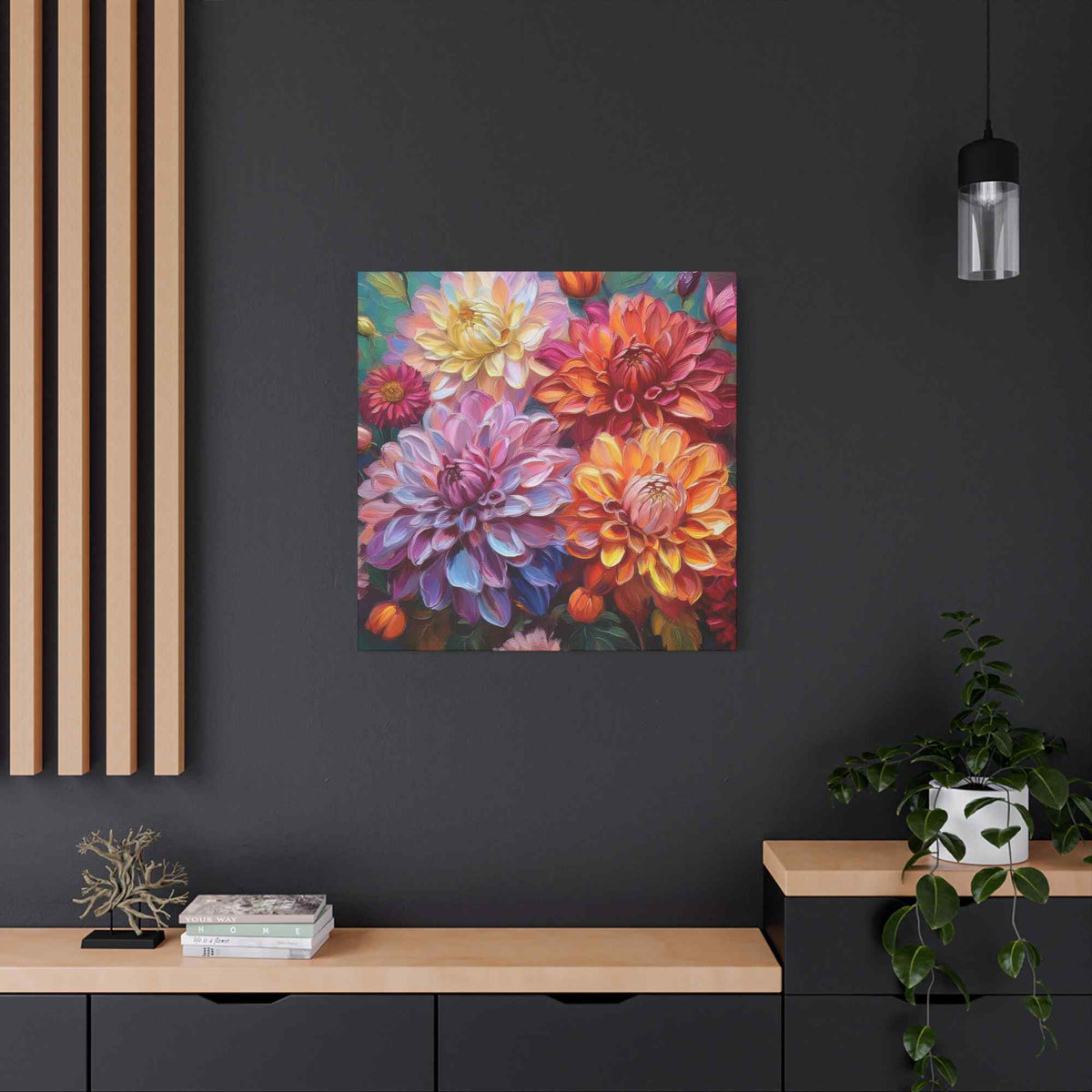 Dahlias Floral Print Canvas, Floral Oil Paint Print 20x20, 24x24, 30x30, 32x32, 36x36 Art Design Pine-Wood Inner Frame MC-167