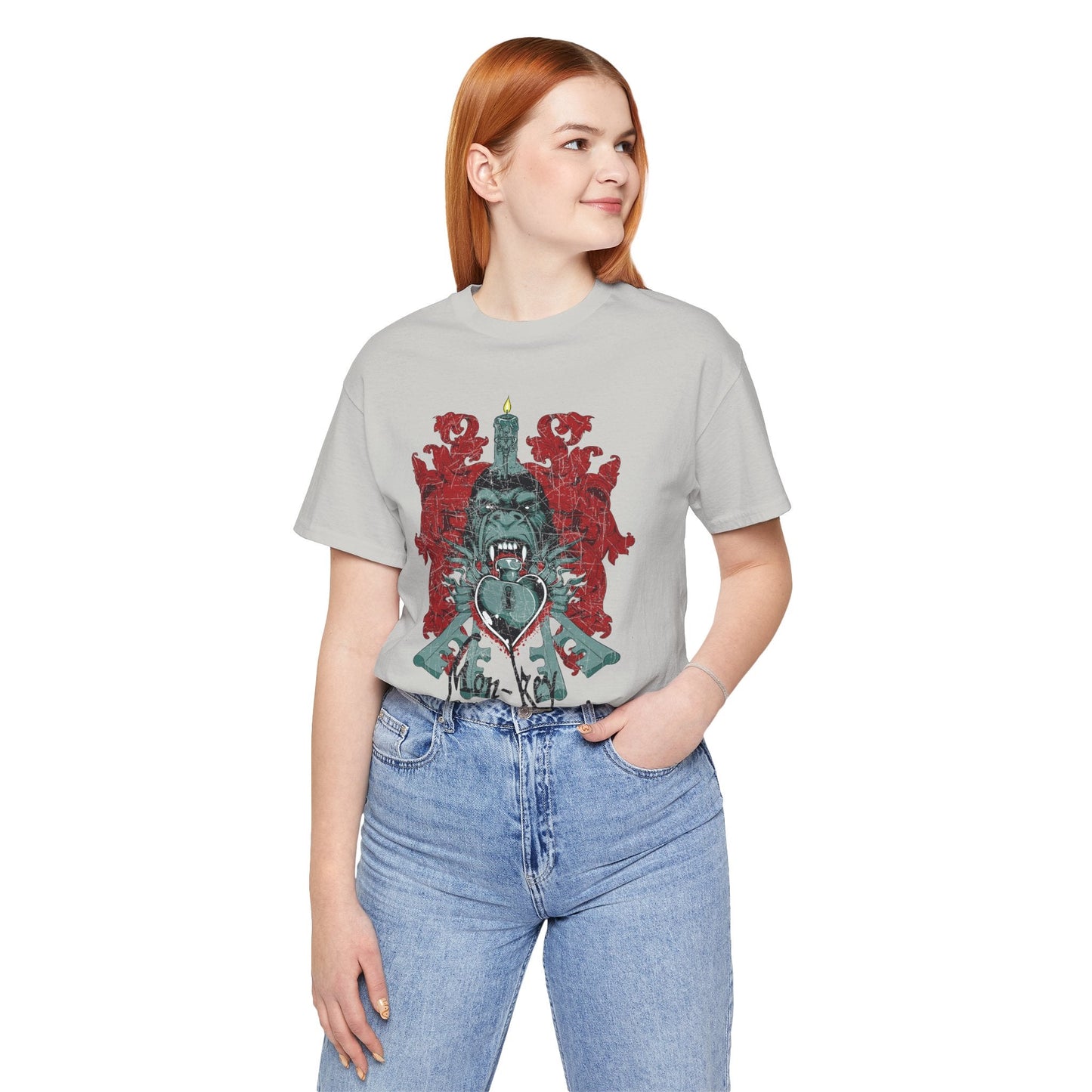 Gorilla Crest with Sword and Heart T-Shirt Heraldic Gothic Design Rock Band T-Shirt