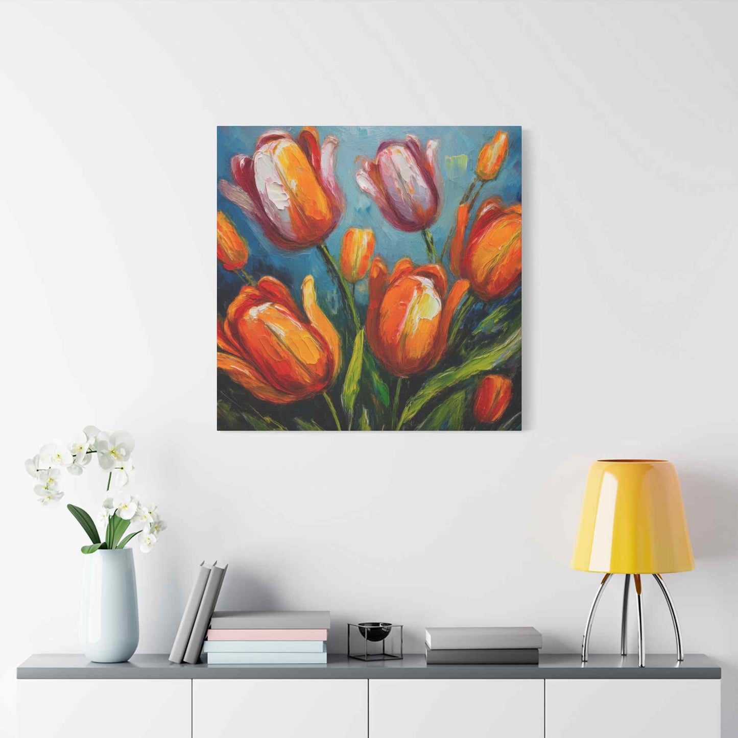 Tulips Print Canvas, Floral Oil Paint Print 20x20, 24x24, 30x30, 32x32, 36x36 Art Design Pine-Wood Inner Frame MC-145