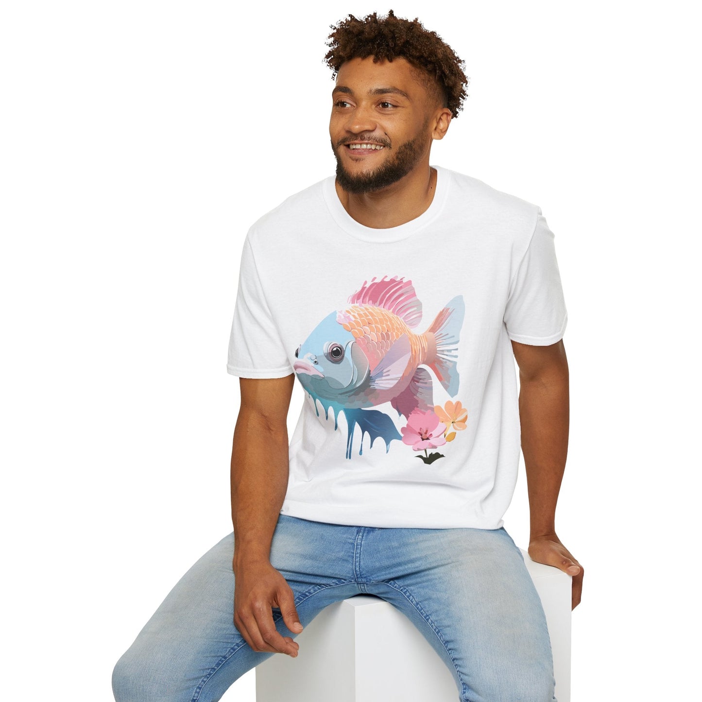 Fish Art Design Shirt Unisex Graphic Tee 100 Percent Ring Spun Cotton Softstyle Gildan 64000