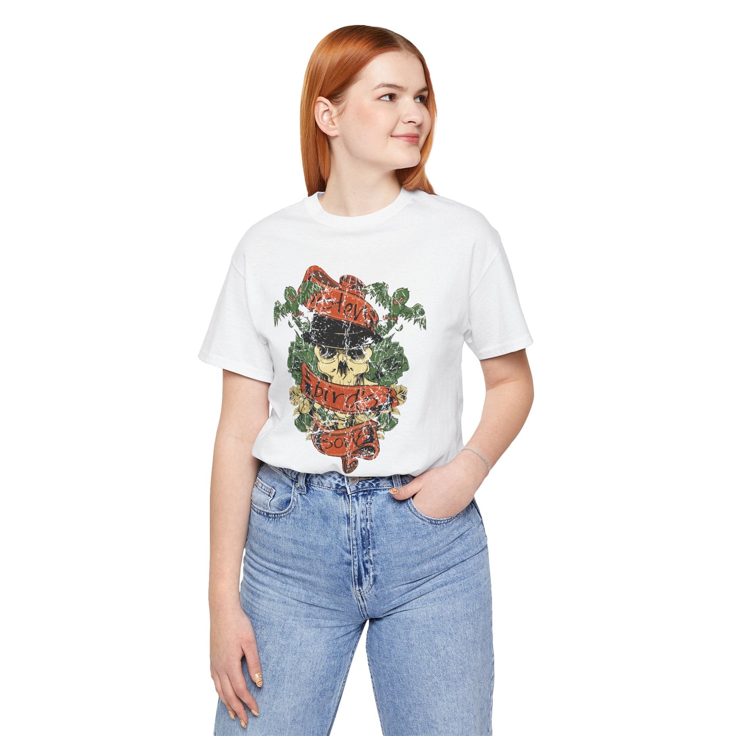 Skull Floral Tattoo Style Graphic Design Unisex Cotton T-Shirt Art-38