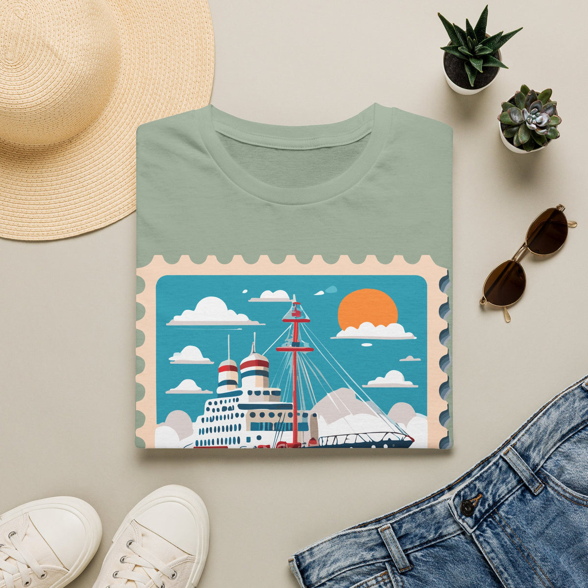 Vintage Cruise Ship Stamp T-Shirt | Nautical Ocean Sunset Design