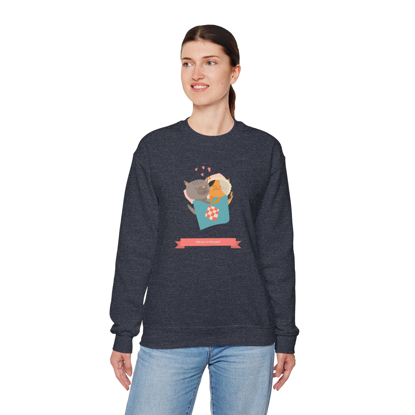 Cat Heart Sweatshirt Unisex Valentines Day 50 50 Cotton Poly Crewneck Gildan 18000