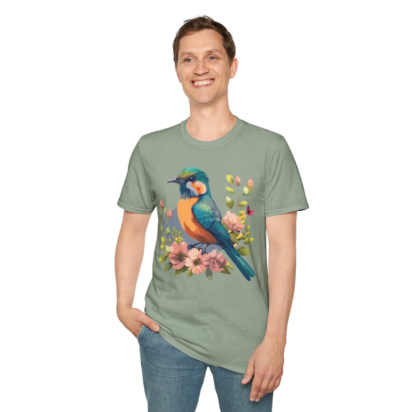 Floral Bird T Shirt Unisex Softstyle Tee 100 Percent Ring Spun Cotton Animal Print