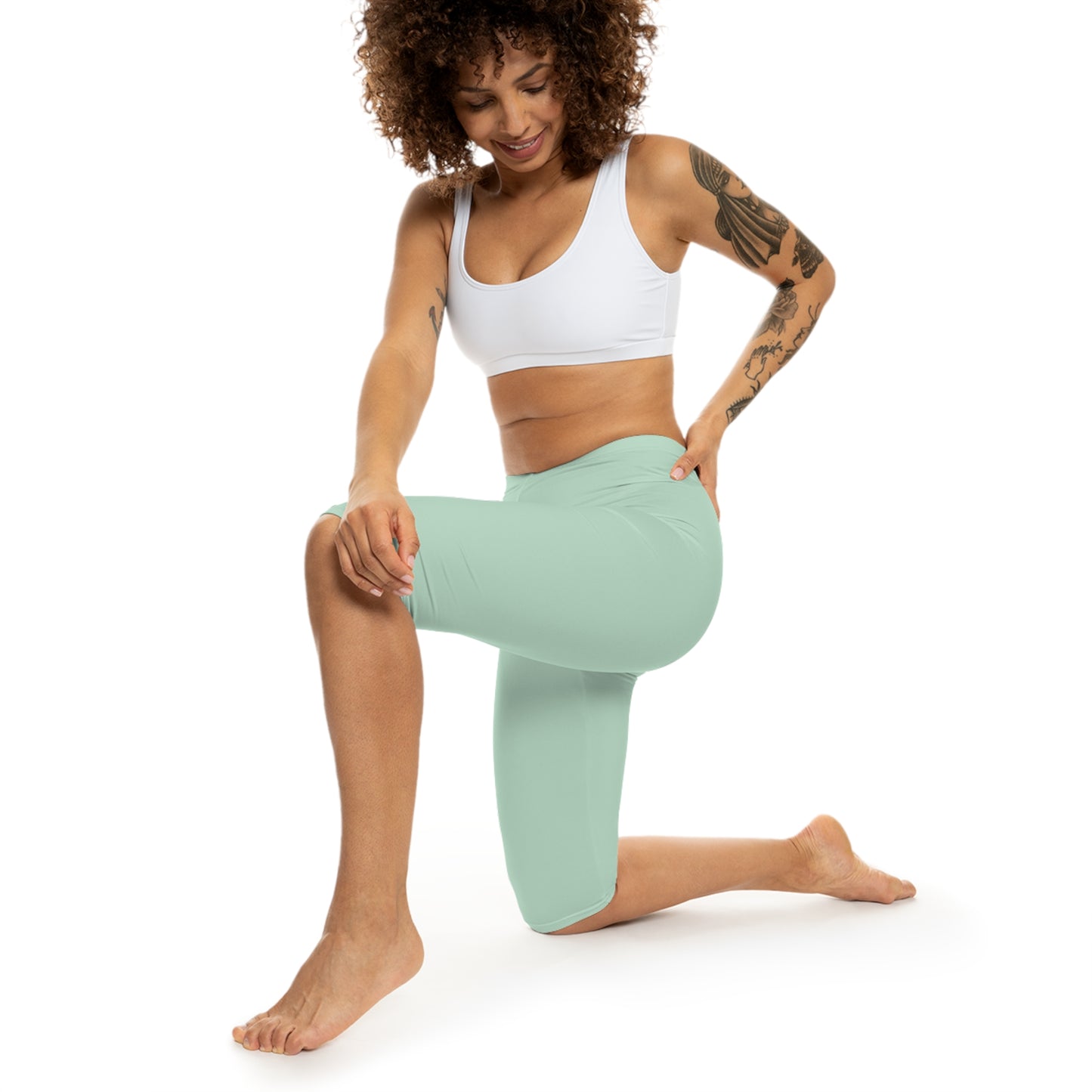 Pale Green Color Women's Brushed Suede Poly Span Casual Capri Leggings XS-2XL