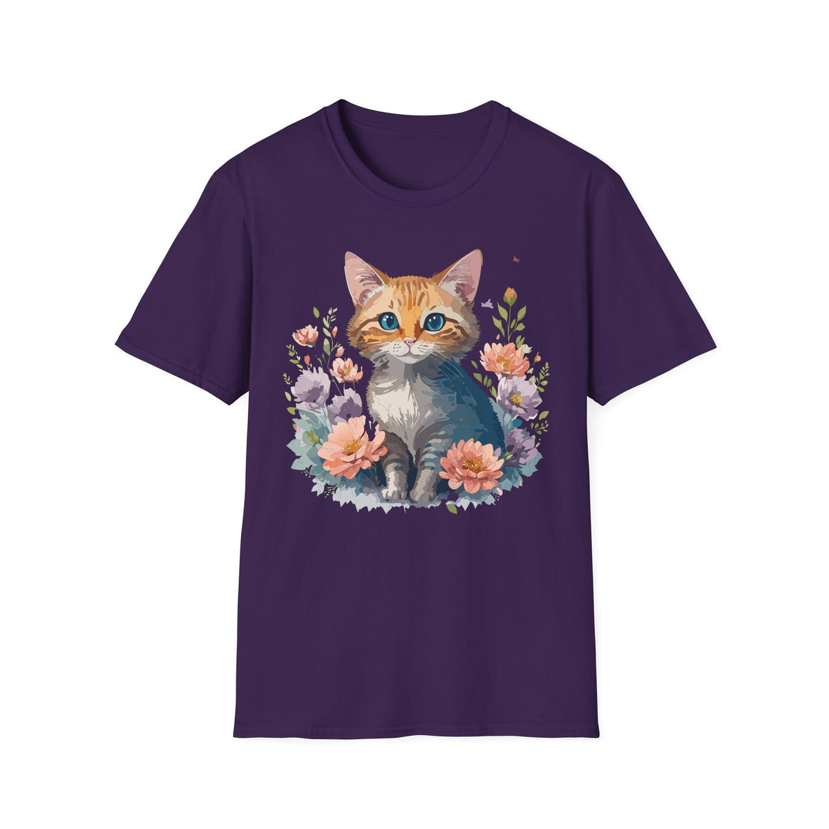 Watercolor Ginger Kitten T-Shirt | Floral Cat Illustration, Cute Kitty Tee