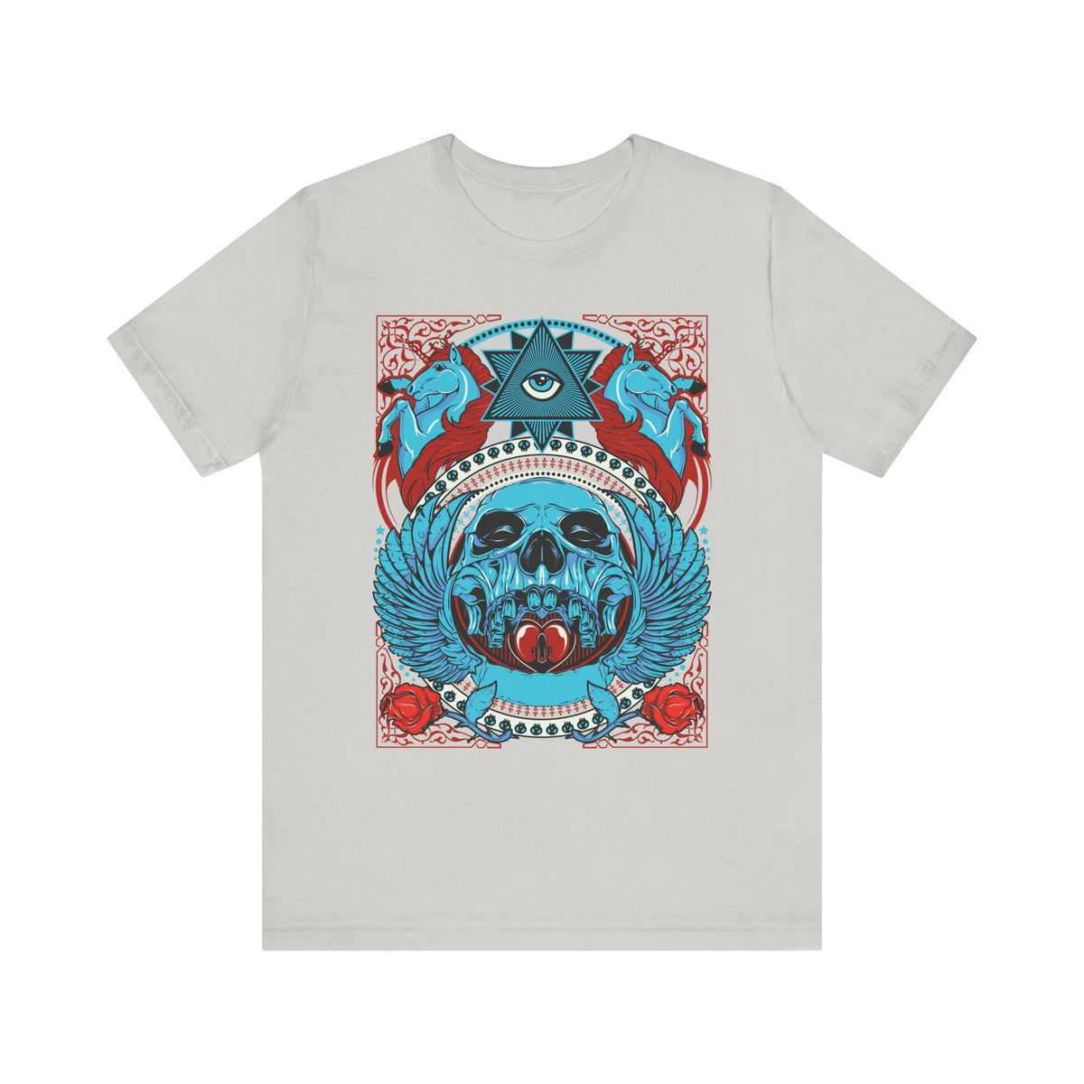 All-Seeing Skull Illustration Tee Winged Skull Third Eye Roses T-Shirt