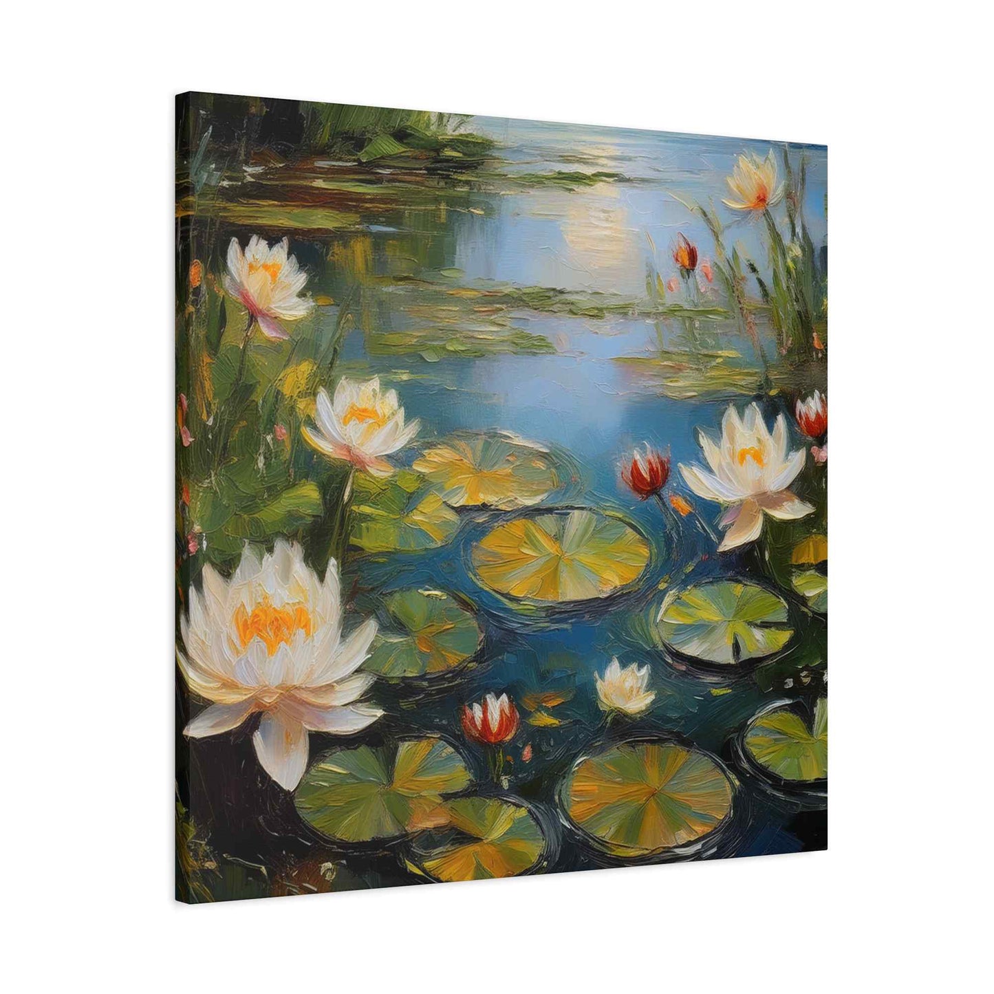 Water Lilies Print Canvas, Oil Paint Print 20x20, 24x24, 30x30, 32x32, 36x36 Floral Art Print Pine-Wood Inner Frame MC-64