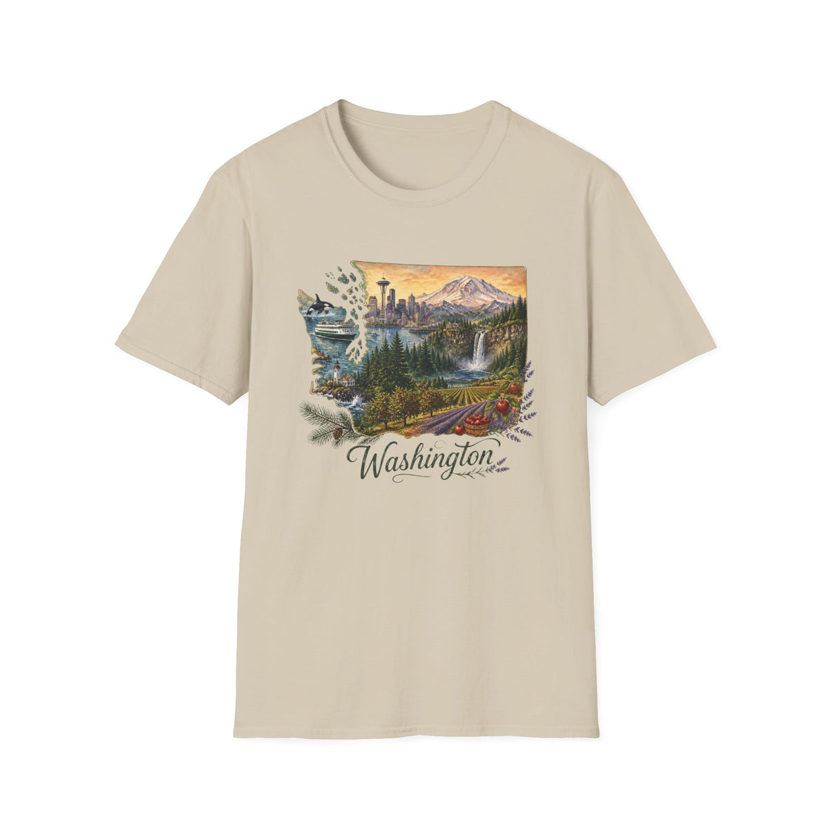 Washington Scenic T-Shirt — Vintage Mountain & Waterfall State Travel Tourist Graphic Design Unisex 100 Cotton Gildan T-Shirt