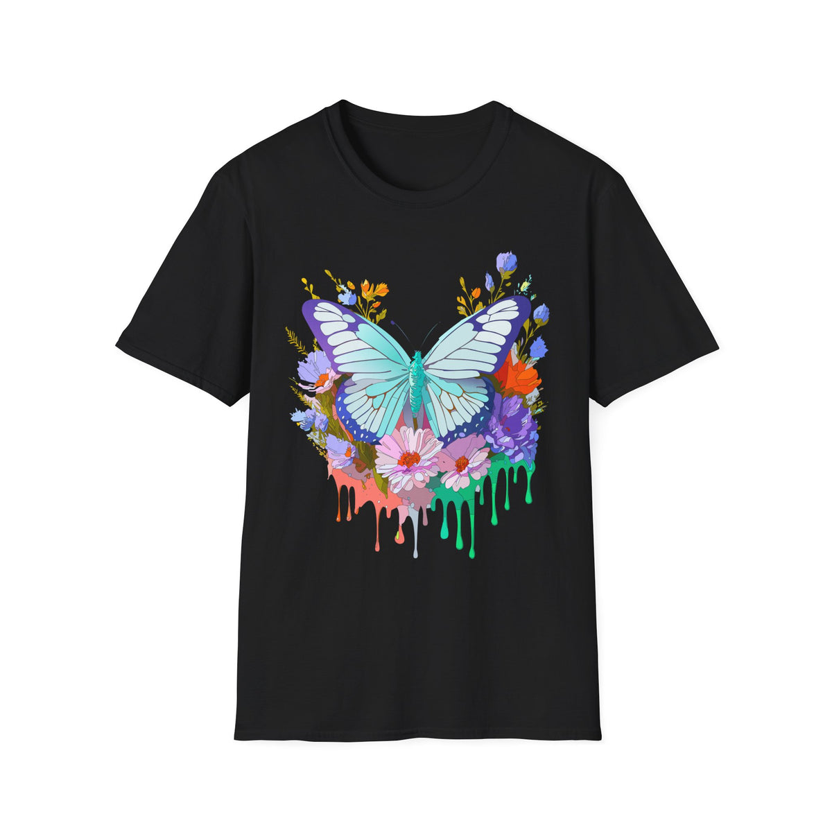 Butterfly Floral Drip T-Shirt — Teal Butterfly with Watercolor Flowers Graphic Tee Unisex 100 Cotton Gildan T-Shirt
