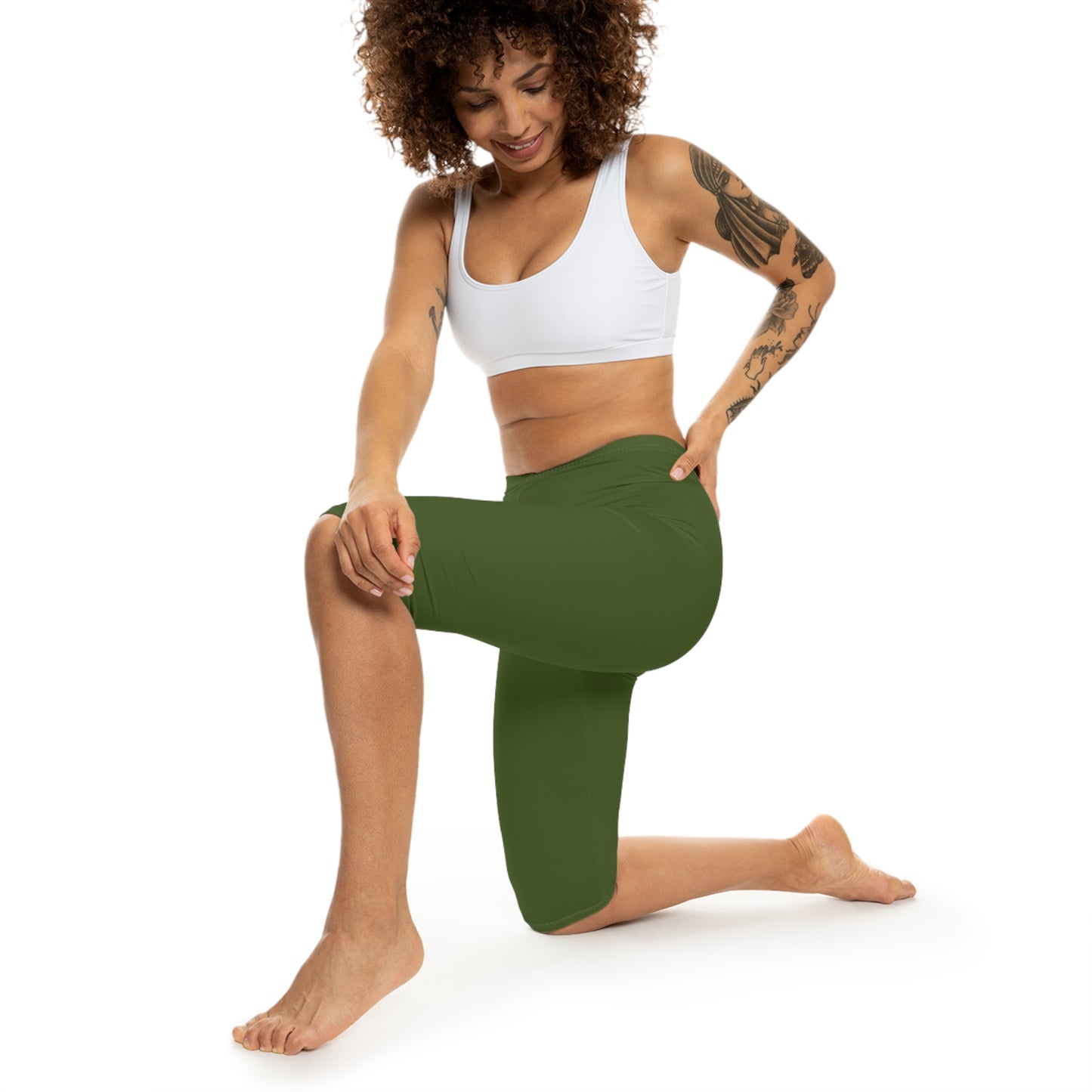 Olive Leaf Color Women's Brushed Suede Poly Span Casual Capri Leggings XS-2XL