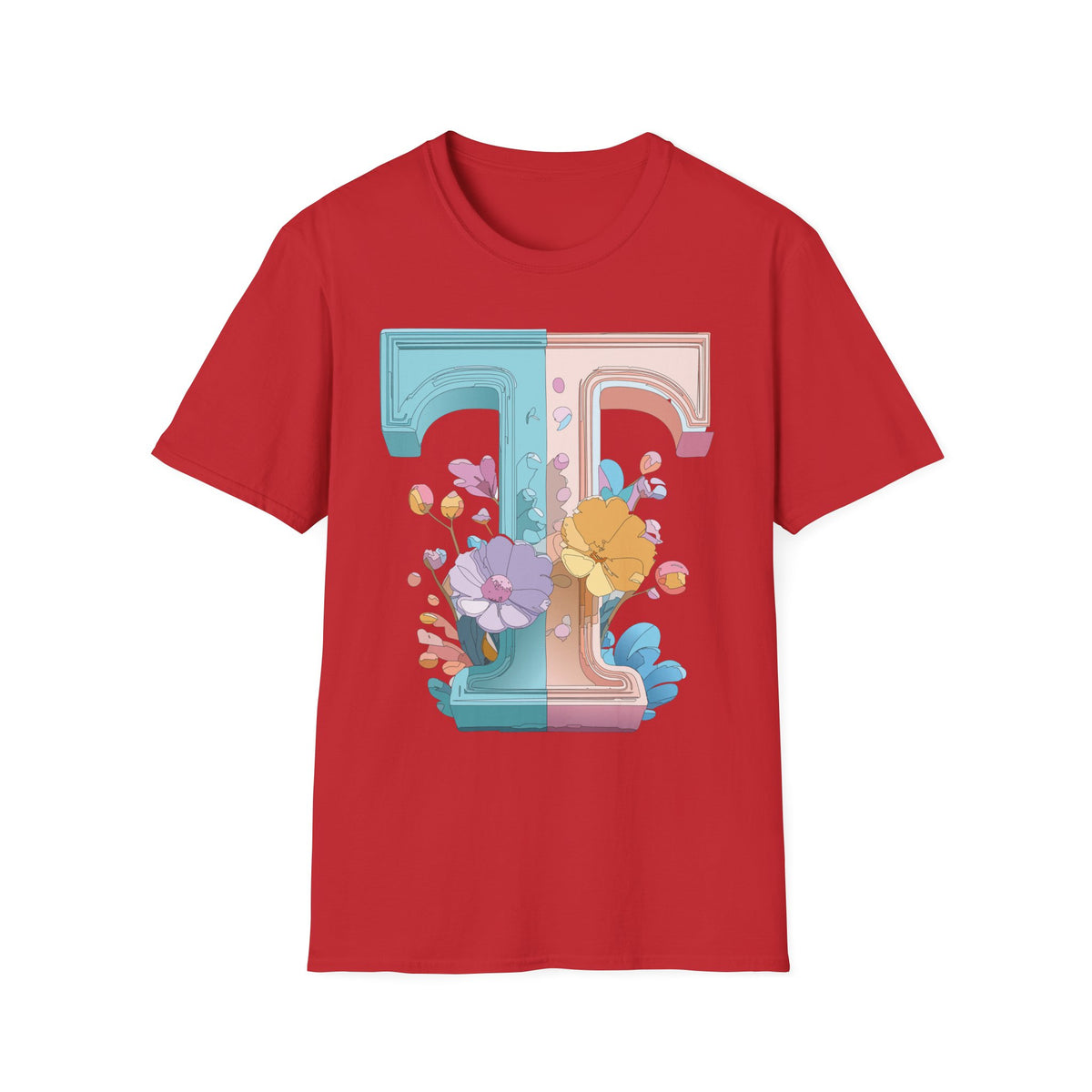 Floral Split Letter T-Shirt T Pastel Floral Initial Tee