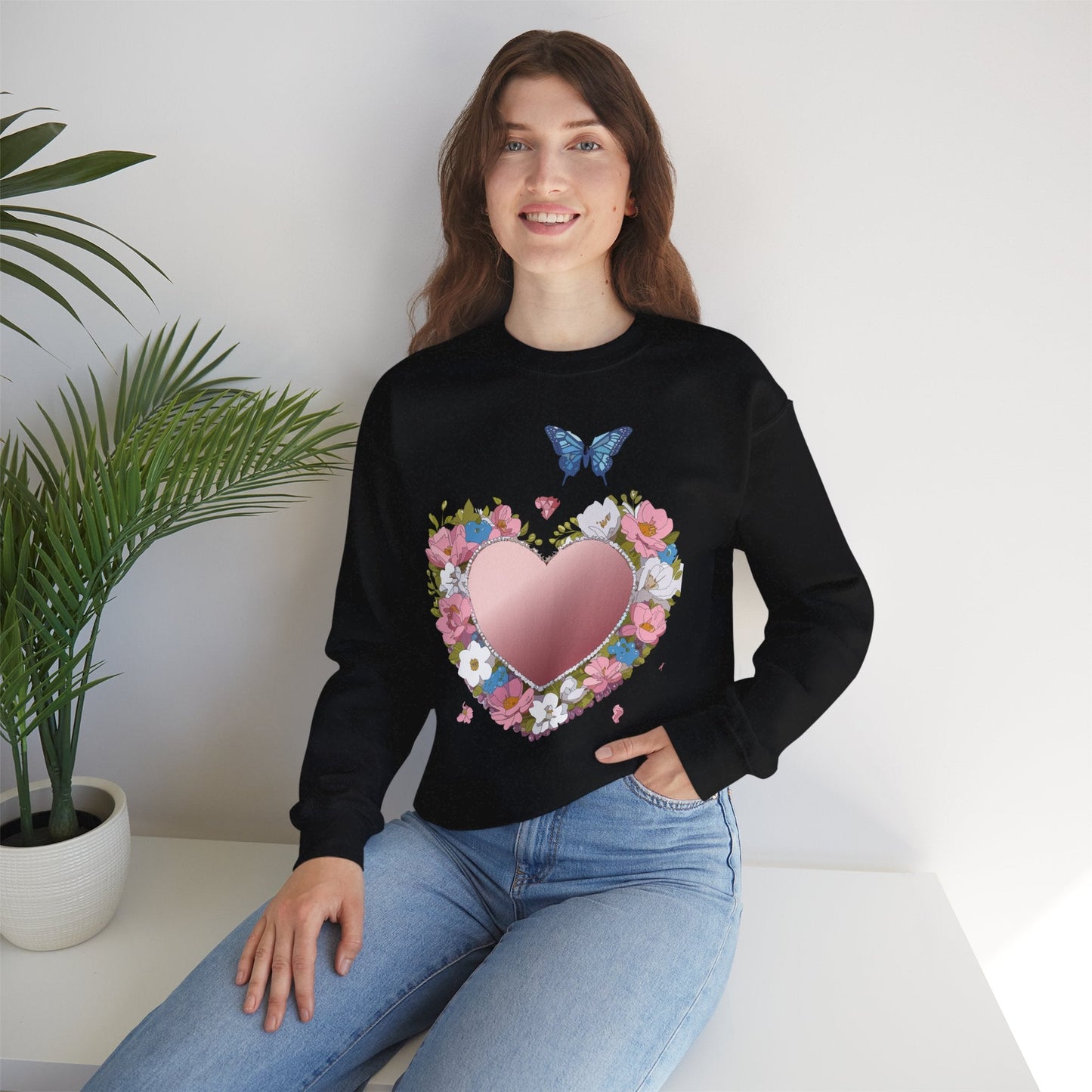 Unisex Floral Heart Sweatshirt Valentines Day Love Crewneck Gildan 18000 50/50 Cotton Polyester