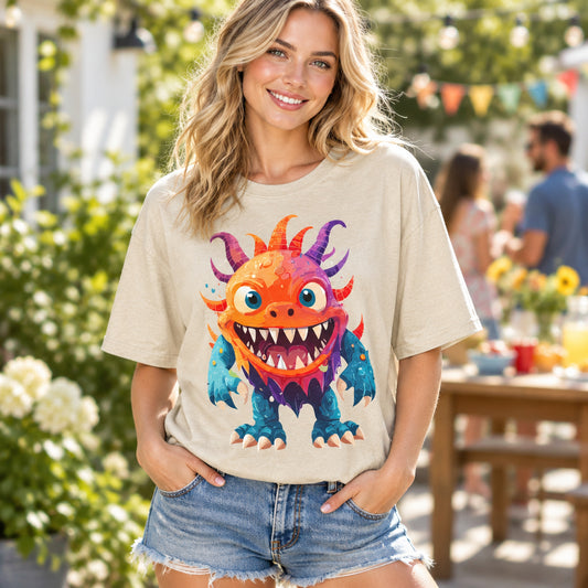 Colorful Cartoon Monster T-Shirt | Cute Spiky Halloween Creature Graphic Design Unisex 100 Cotton Gildan T-Shirt
