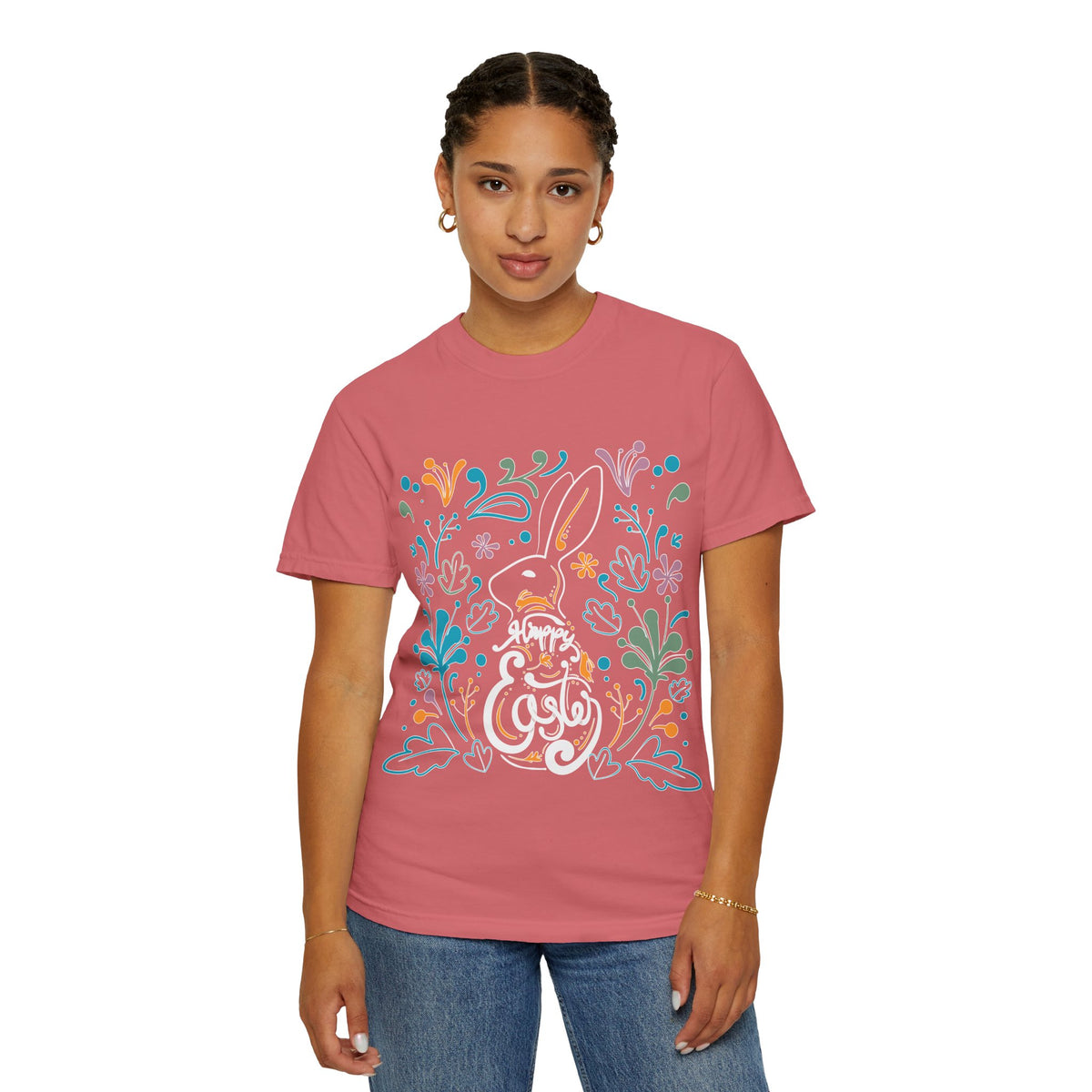 Easter Bunny Floral T-Shirt, Tee Shirt with Easter Signature, T Shirt with Easter Prints, Tee Shirt with Easter Design