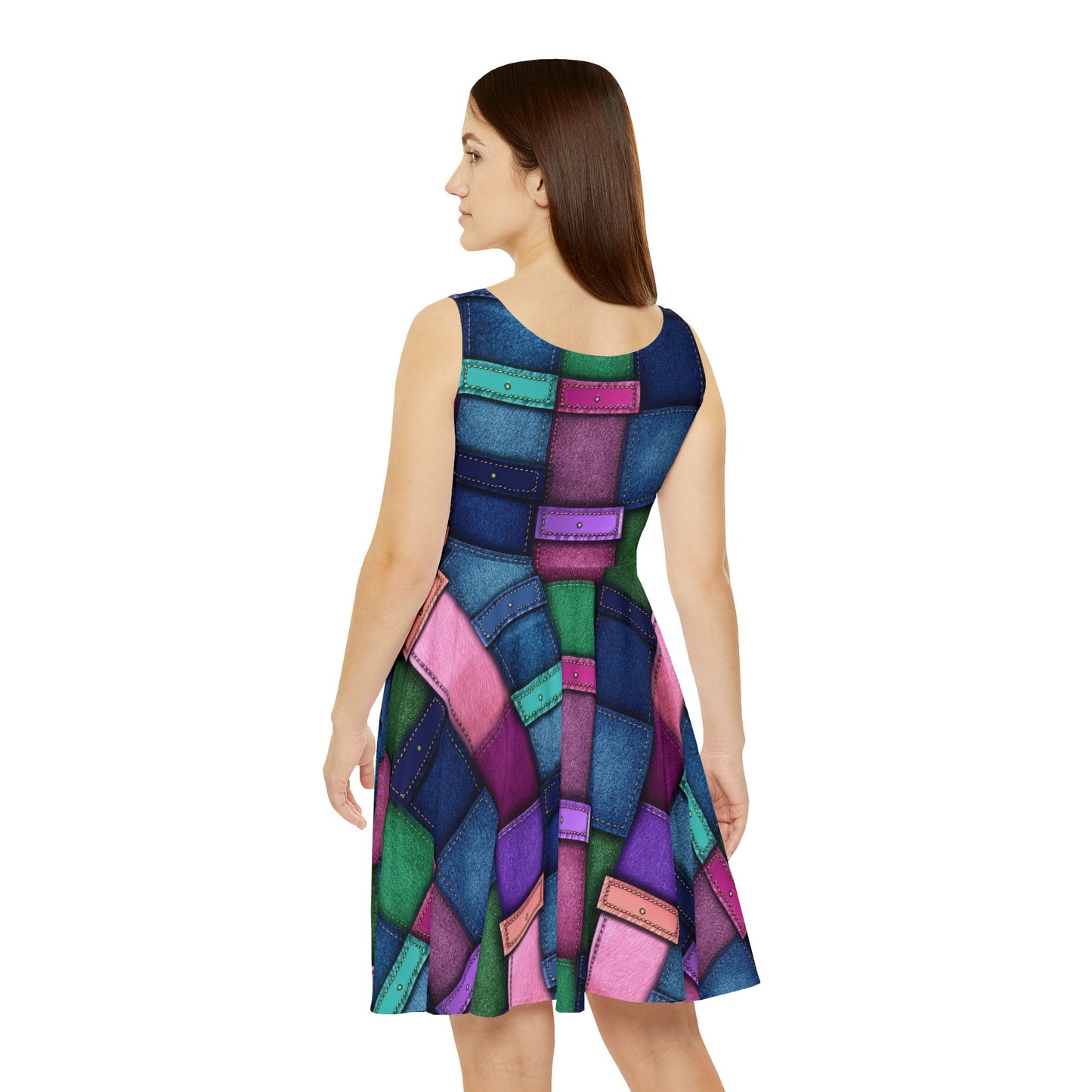 Women Denim Print Skater Dress, Denim Print Poly-Span Dress - 8