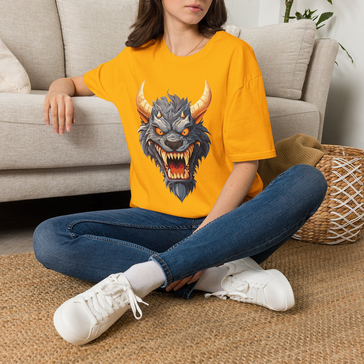 Demonic Beast Head T-Shirt — Horned Monster Cartoon Graphic Tee Unisex 100 Cotton Gildan T-Shirt