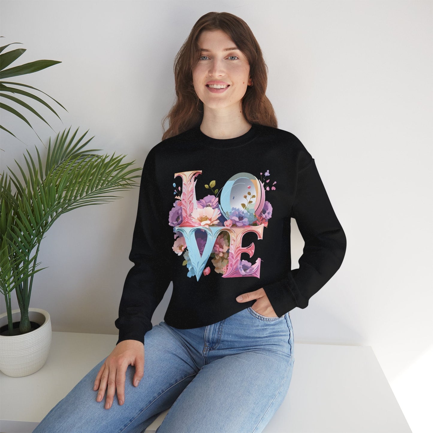 Floral Love Sweatshirt Unisex Crewneck Fifty Fifty Cotton Polyester Valentine Gift