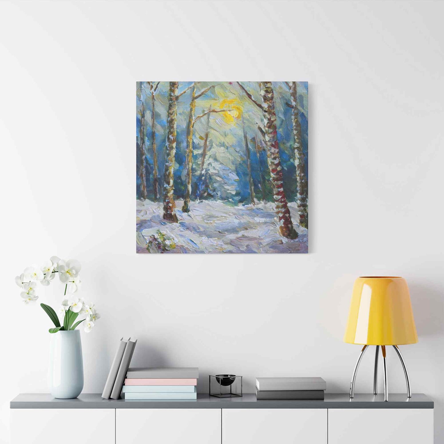 Snow Forest Print Canvas, Oil Paint Print 20x20, 24x24, 30x30, 32x32, 36x36 Art Design Print Pine-Wood Inner Frame MC-79