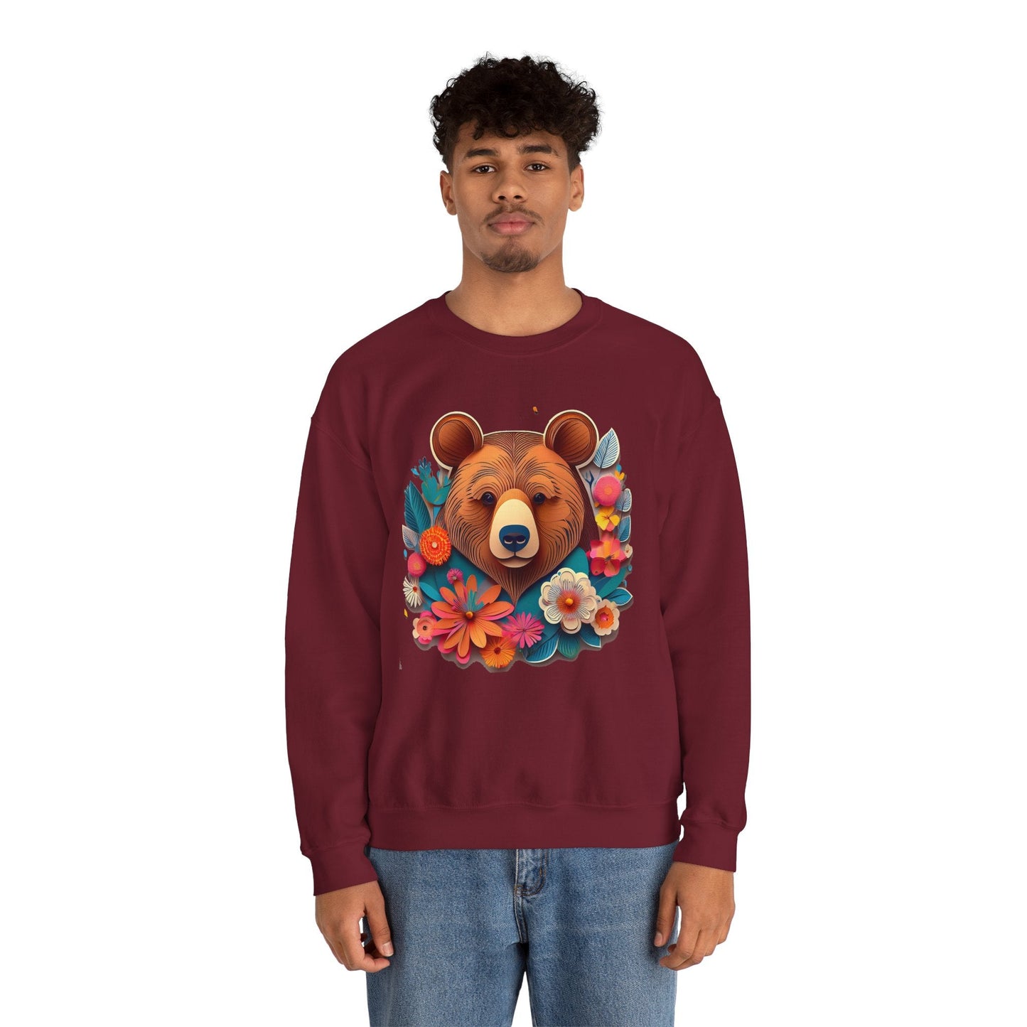 Unisex Floral Bear Sweatshirt Art Design Gildan 18000 Heavy Blend Crewneck