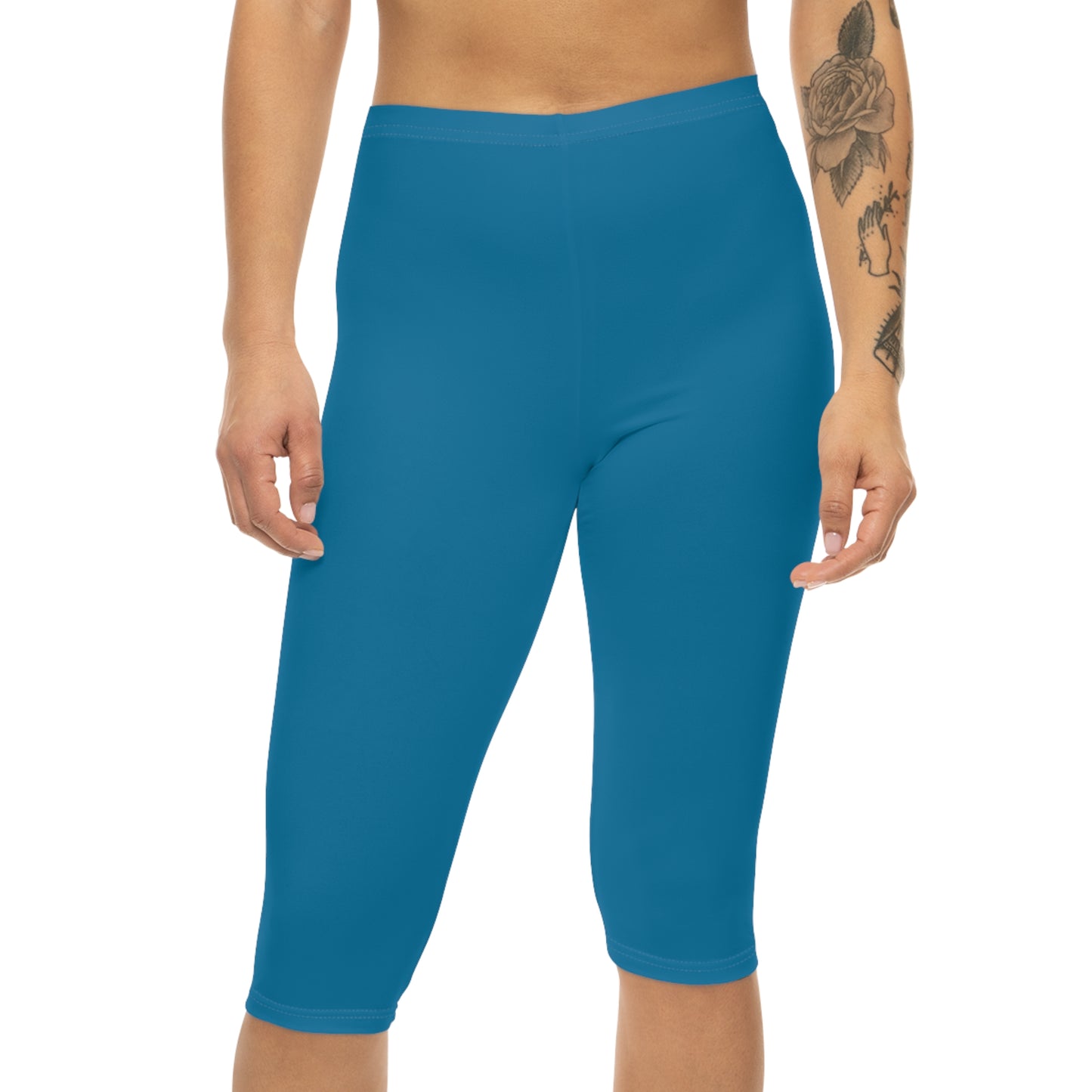 Cerulean Blue Color Women's Brushed Suede Poly Span Casual Capri Leggings XS-2XL