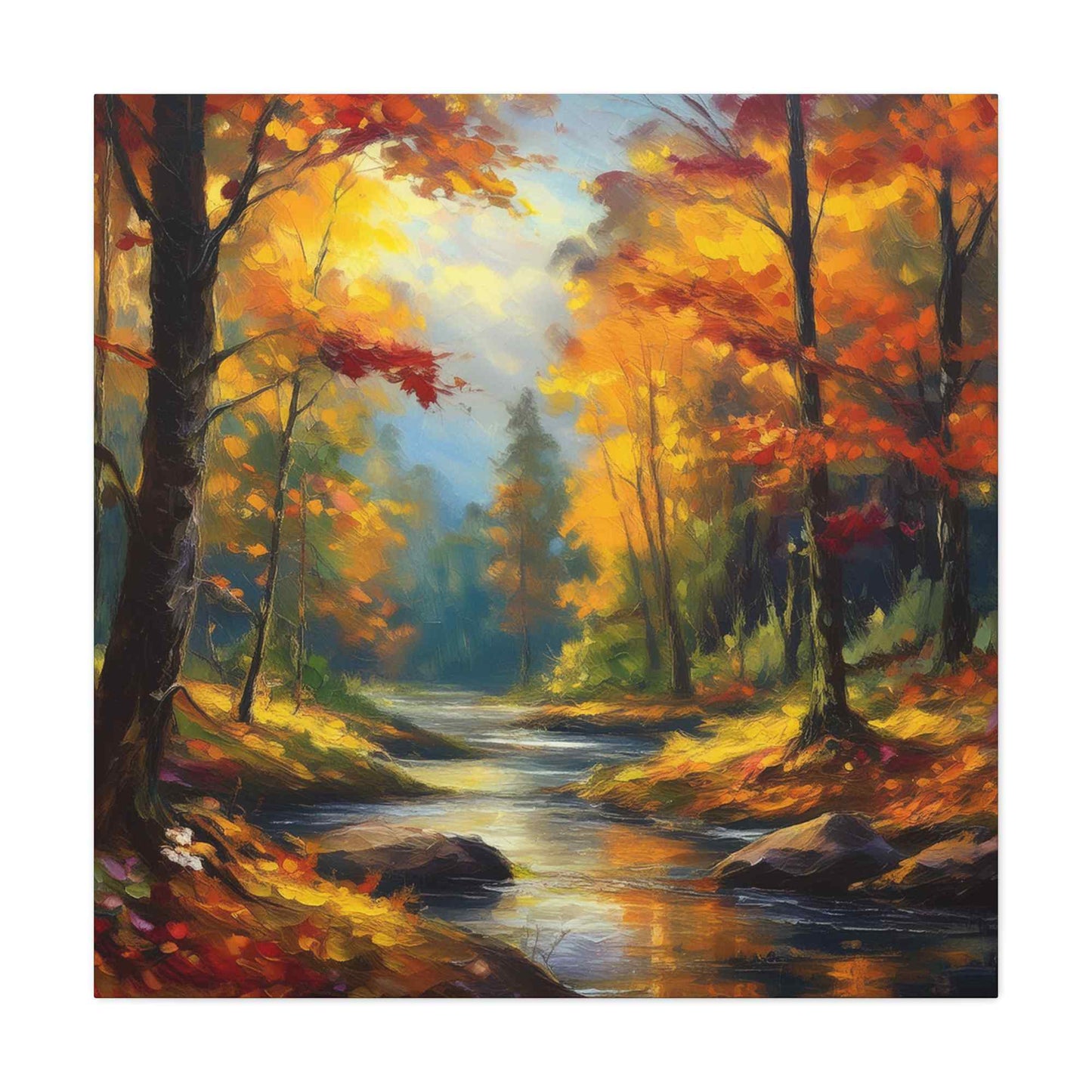 Fall Forest Print Canvas, Oil Paint Print 20x20, 24x24, 30x30, 32x32, 36x36 Art Design Print Pine-Wood Inner Frame MC-104