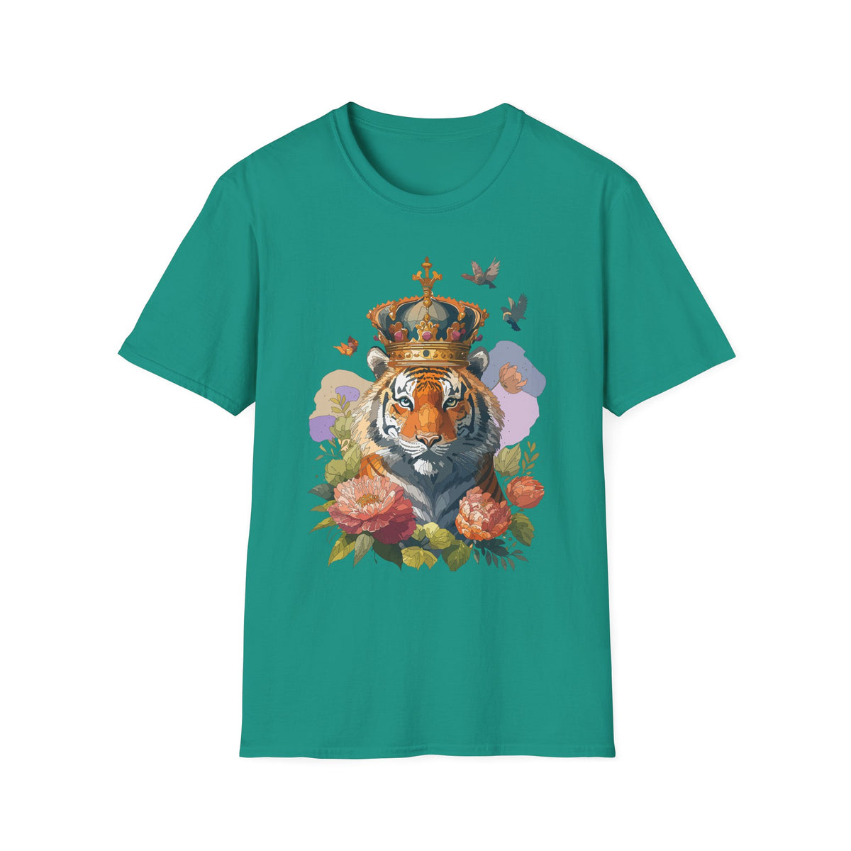 Crowned Tiger Illustration T-Shirt | Floral, Birds, Regal Wildlife Art - Unisex 100 Cotton Gildan 64000