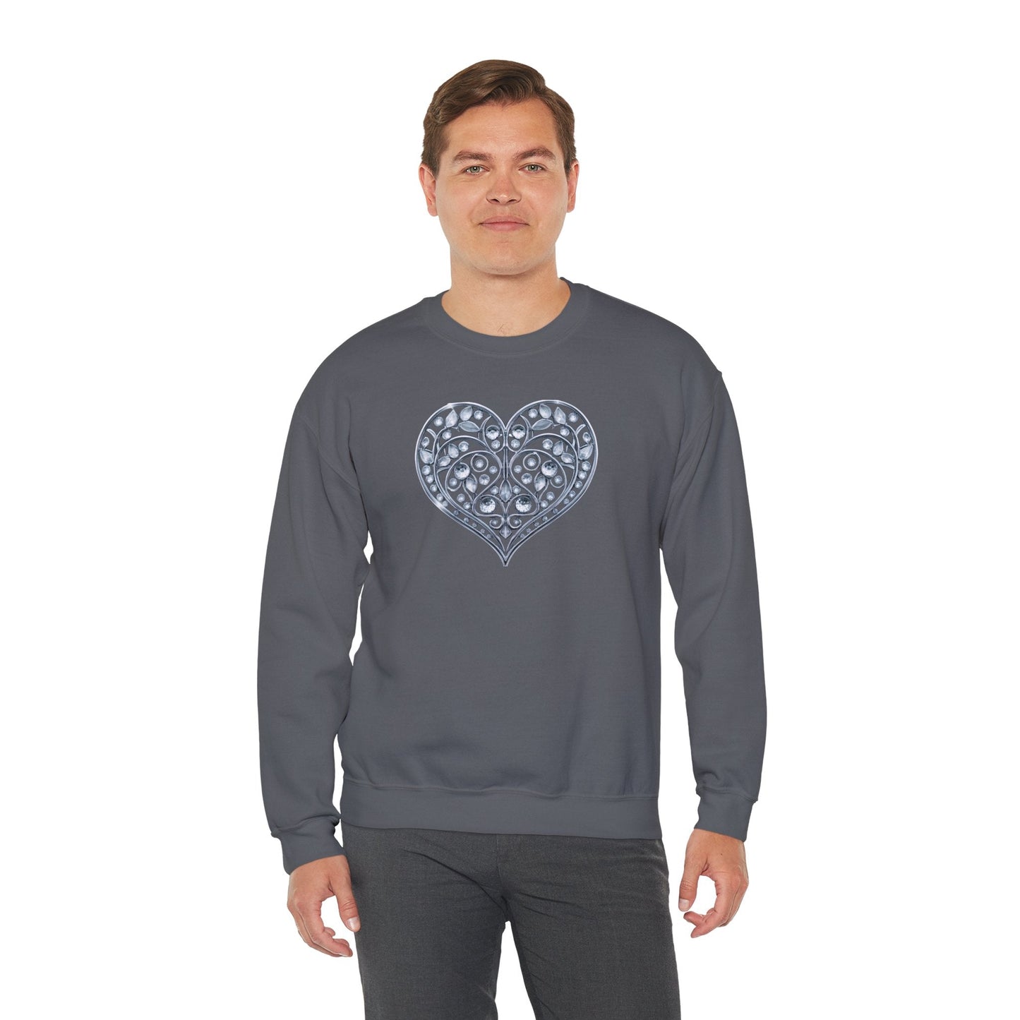 Big Crystal Heart Sweatshirt Unisex Fifty Fifty Cotton Poly Crewneck Valentines Day Sweatshirt