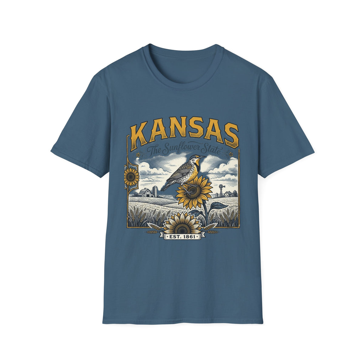 Kansas The Sunflower State T-Shirt | Vintage Meadow Bird Sunflower Design
