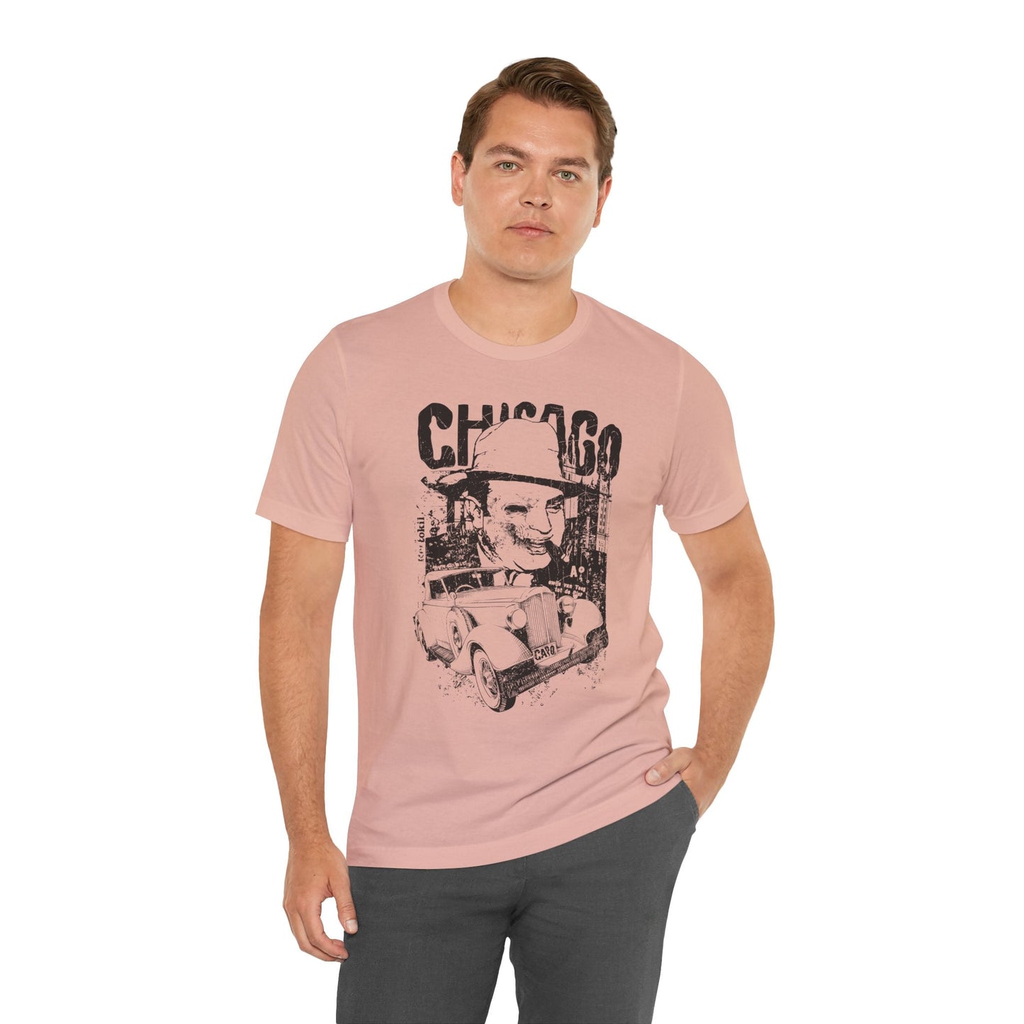 Chicago Retro Mobster Illustration Tee Vintage Car Cityscape Art Design T-Shirt A-8