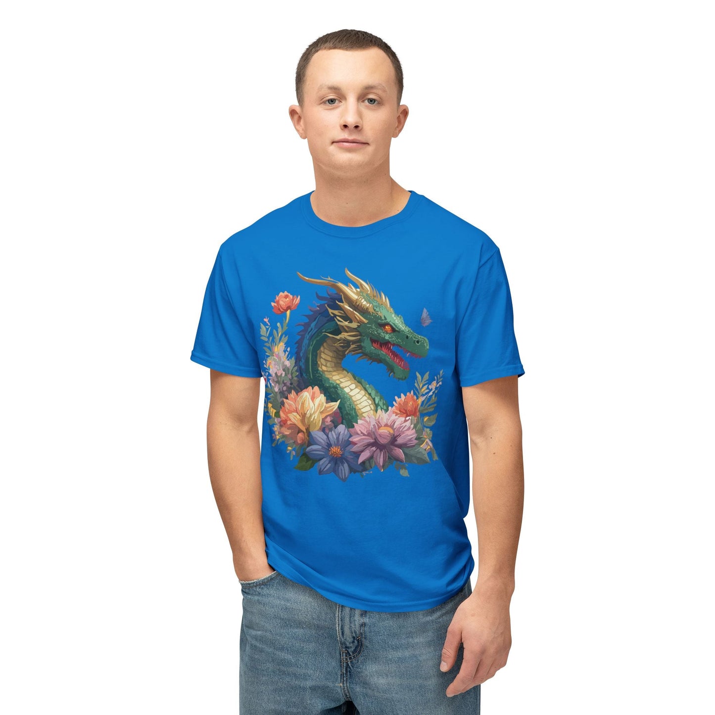 Dragon Art Tee Shirt Unisex Floral Print Cotton Tee USA Made