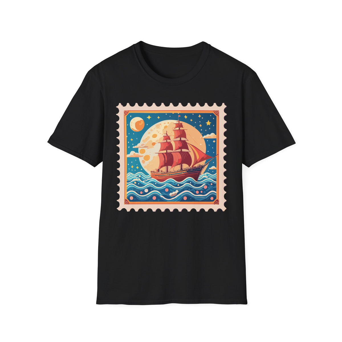 Vintage Sailing Ship Stamp T-Shirt | Retro Moon Ocean Illustration