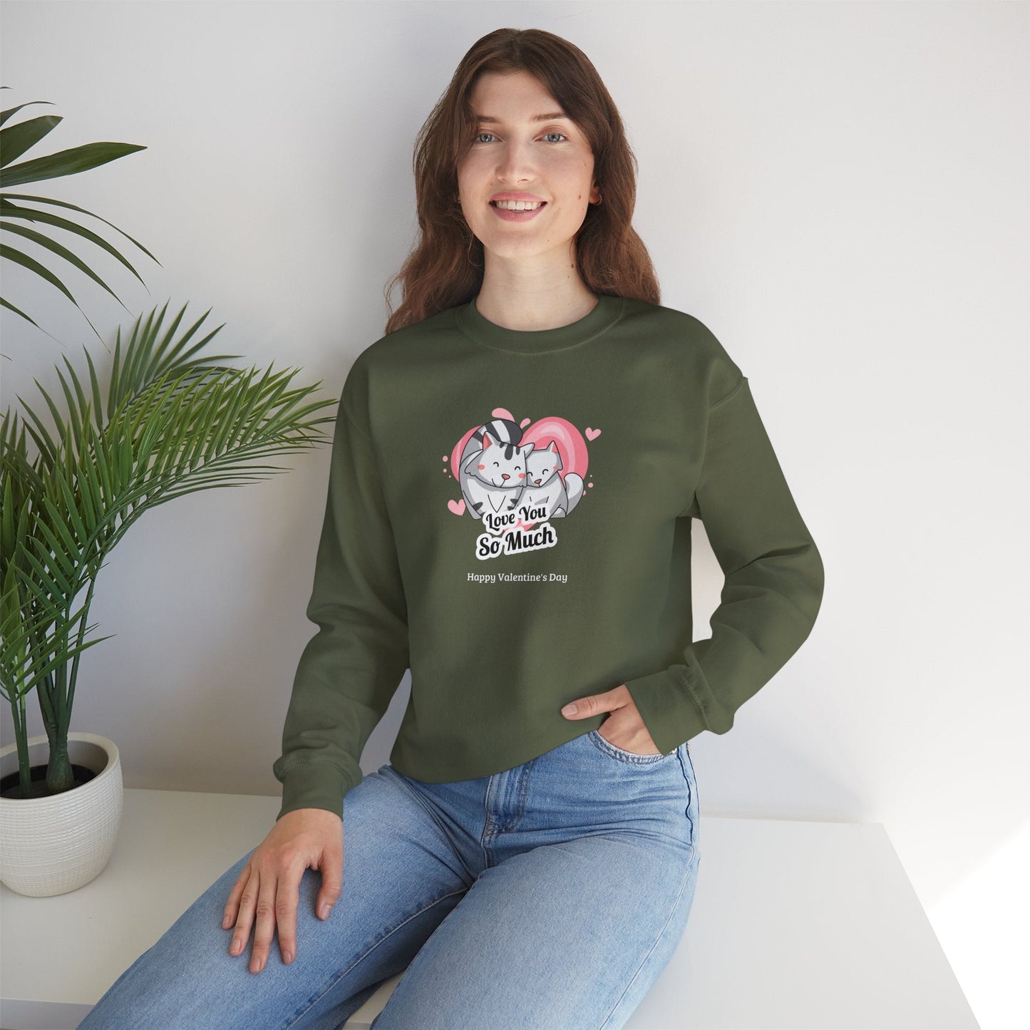 Cat Heart Sweatshirt Valentines Day Unisex 50 50 Cotton Poly Crewneck Gildan 18000