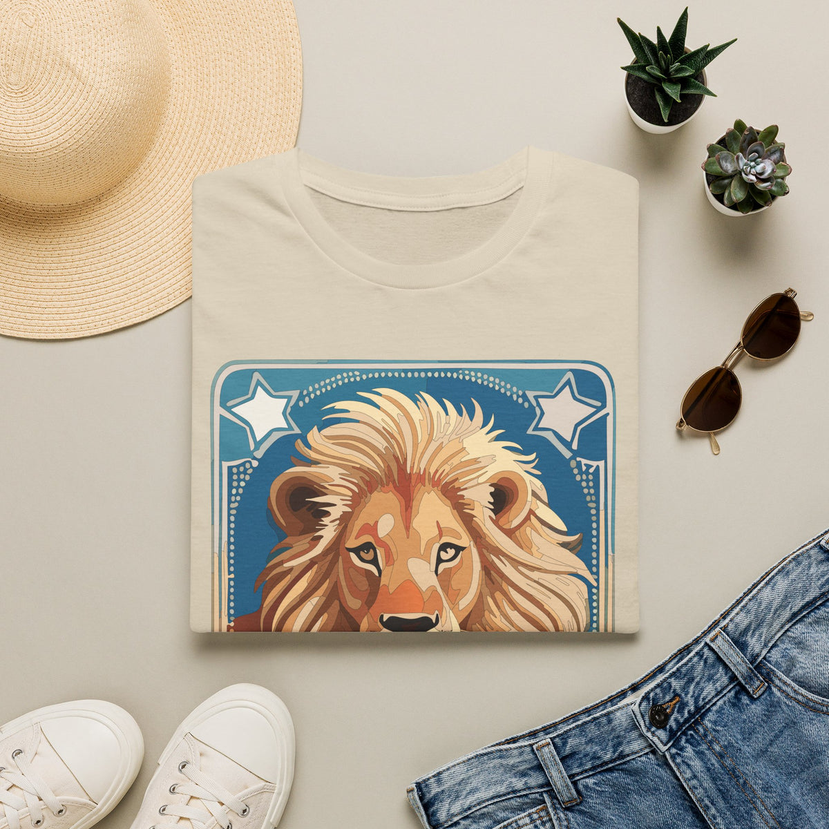 Majestic Lion Portrait Graphic Posters, Post Stamps Design Unisex 100 Cotton Gildan T-Shirt