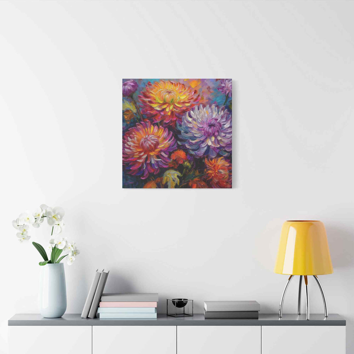 Chrysanthemums Print Canvas, Floral Oil Paint Print 20x20, 24x24, 30x30, 32x32, 36x36 Art Design Pine-Wood Inner Frame MC-158