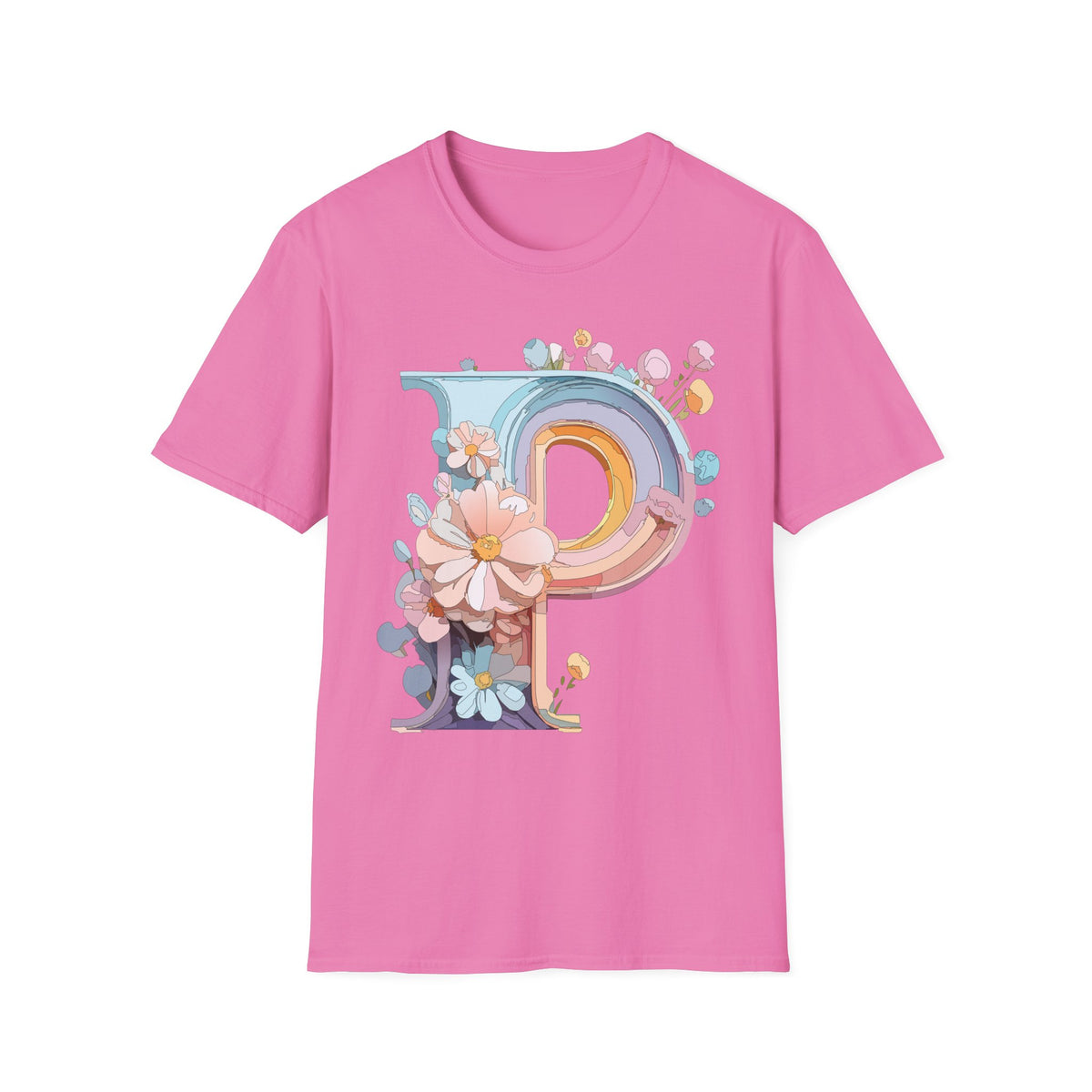Floral Letter P T-Shirt | Pastel Rainbow Monogram Tee