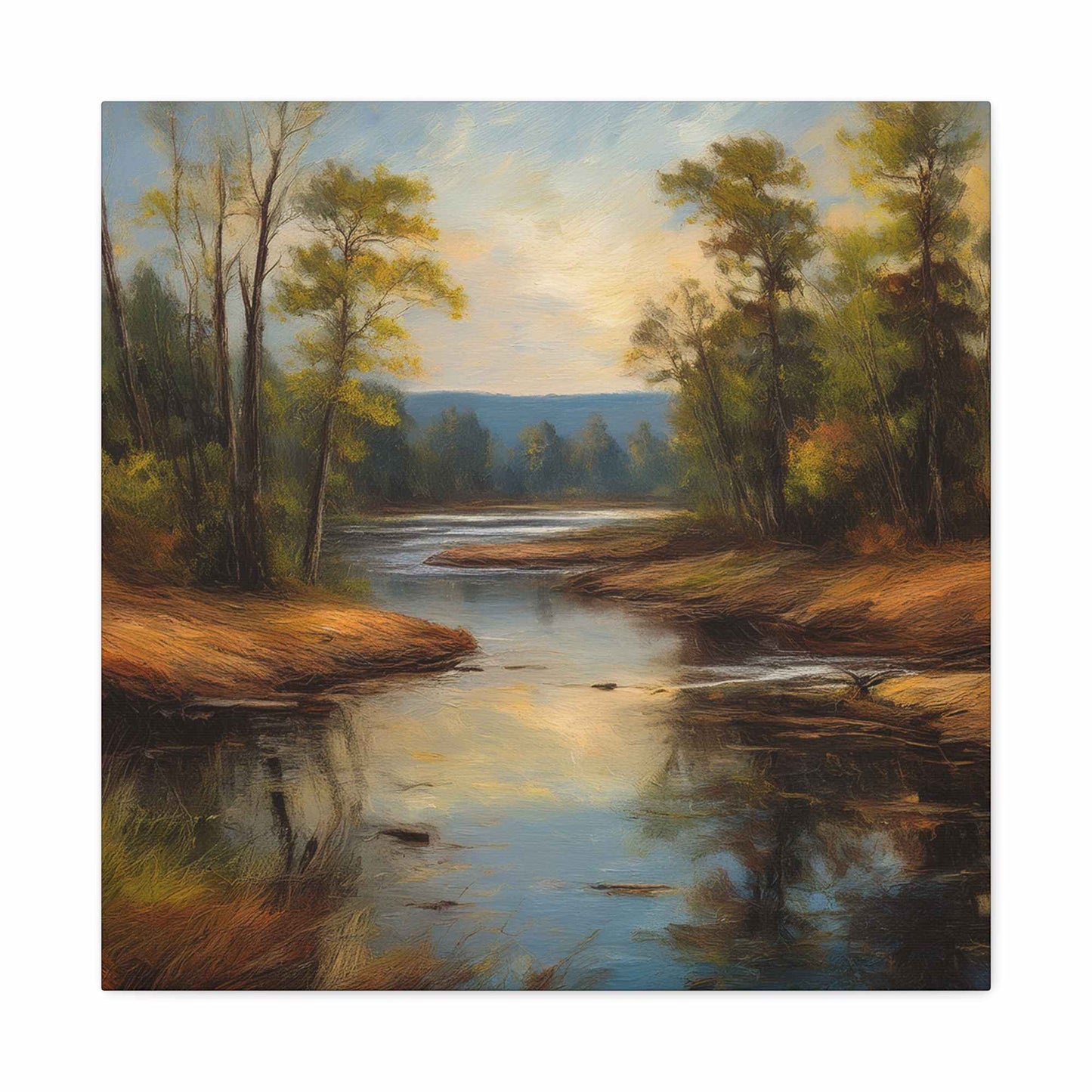 River Print Canvas, Landscape Oil Paint Print 20x20, 24x24, 30x30, 32x32, 36x36 Art Design Print Pine-Wood Inner Frame MC-51