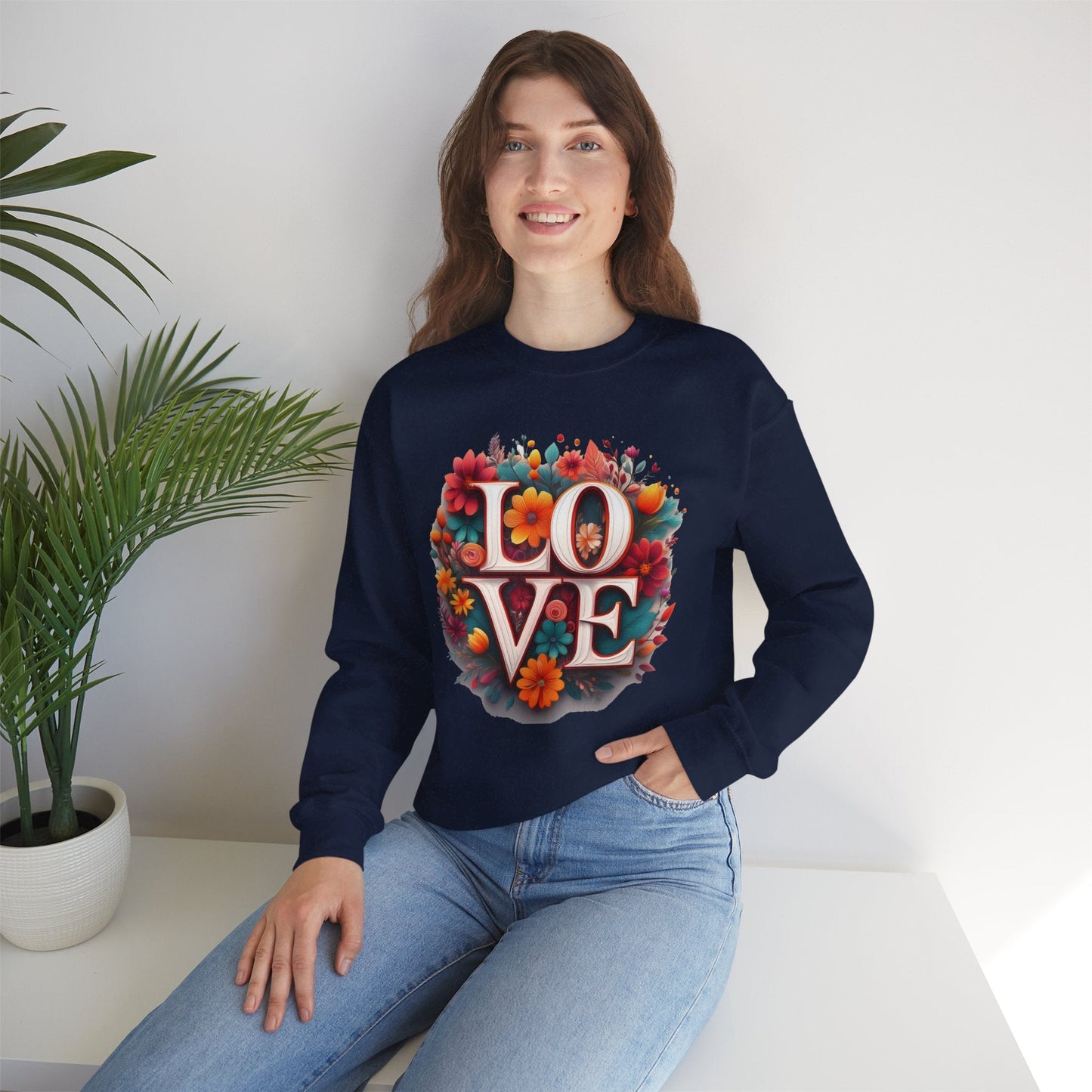 Floral Love Valentines Day Sweatshirt Unisex Heavy Blend Crewneck 50/50 Cotton Polyester Gildan 18000