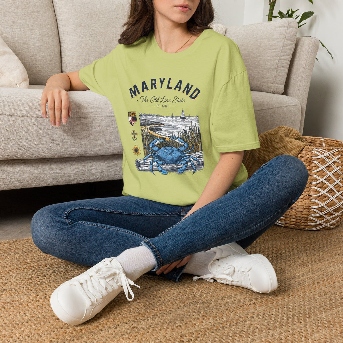 Maryland Blue Crab Scenic T-Shirt — The Old Line State Coastal Design Travel Tourist Graphic Design Unisex 100 Cotton Gildan T-Shirt