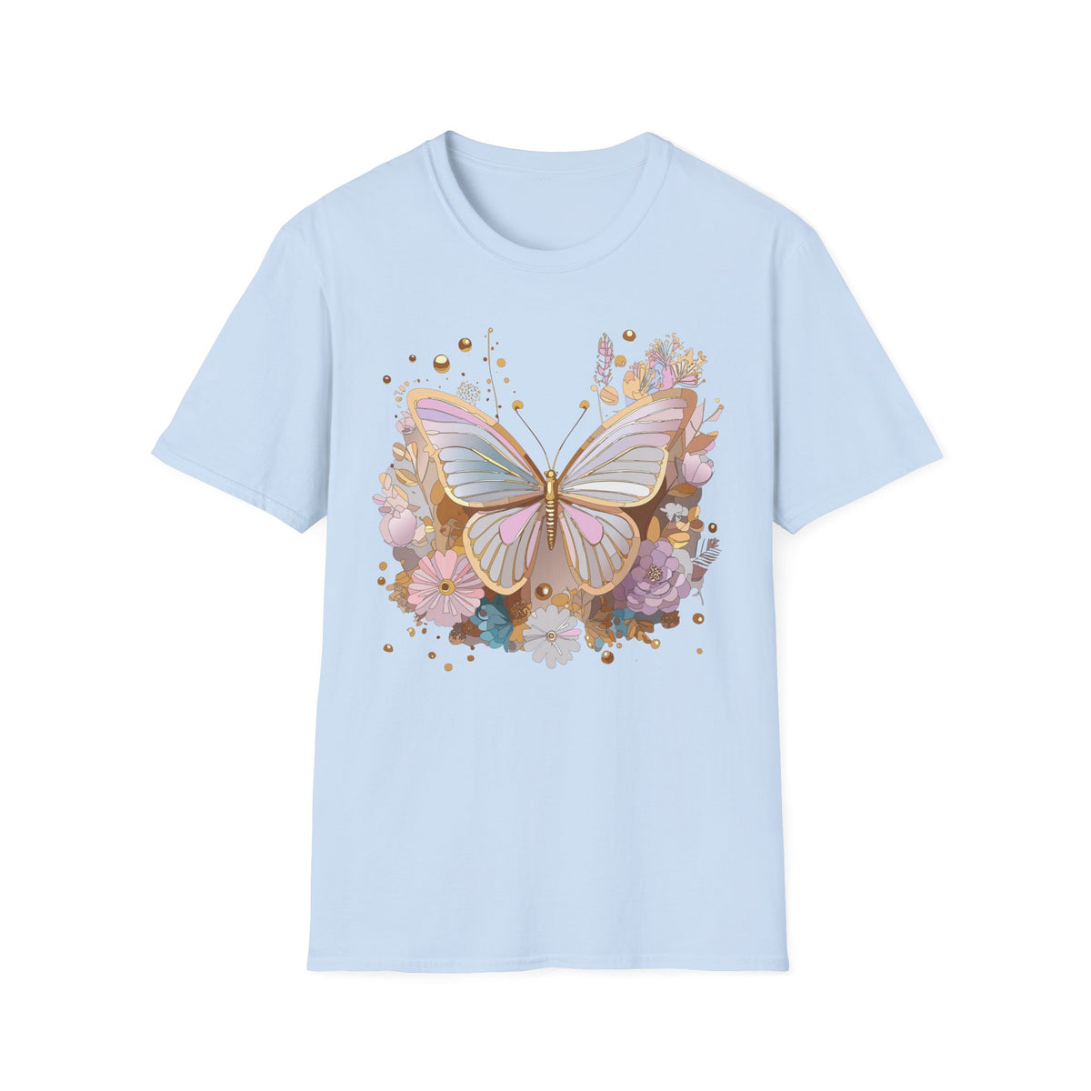 Pastel Butterfly Floral T-Shirt — Gold Accent Butterfly Graphic Design Unisex 100 Cotton Gildan T-Shirt