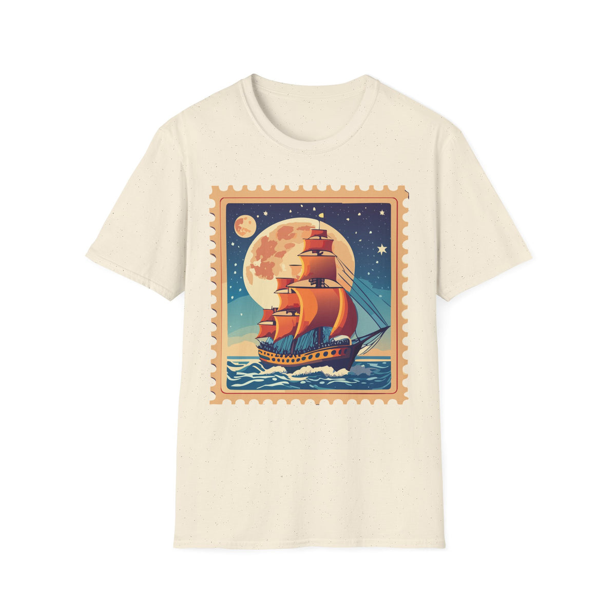 Vintage Sailing Ship T‑Shirt — Nautical Stamp Moonlight Travel Post Graphic Design Unisex 100 Cotton Gildan T-Shirt