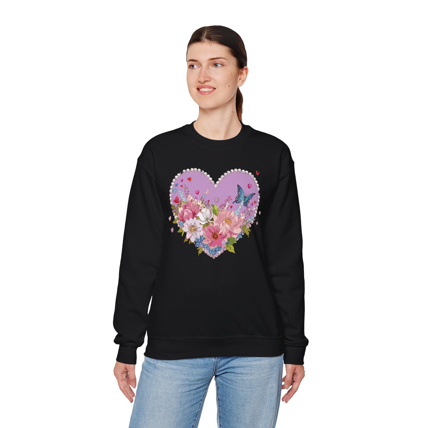 Floral Heart Sweatshirt Unisex Crewneck Valentines Day Heavy Blend Gildan 18000 Cozy Warm