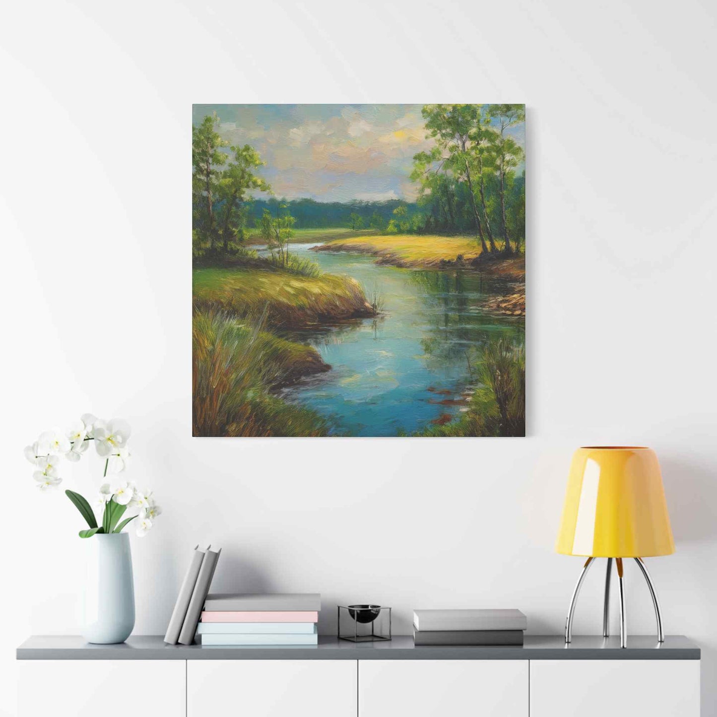 River Print Canvas, Landscape Oil Paint Print 20x20, 24x24, 30x30, 32x32, 36x36 Art Design Print Pine-Wood Inner Frame MC-55